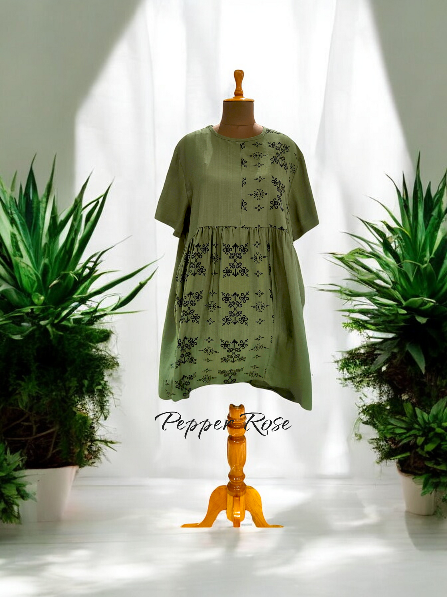 Rivaya Ethnic Motifs Printed top cum dress - Olive green