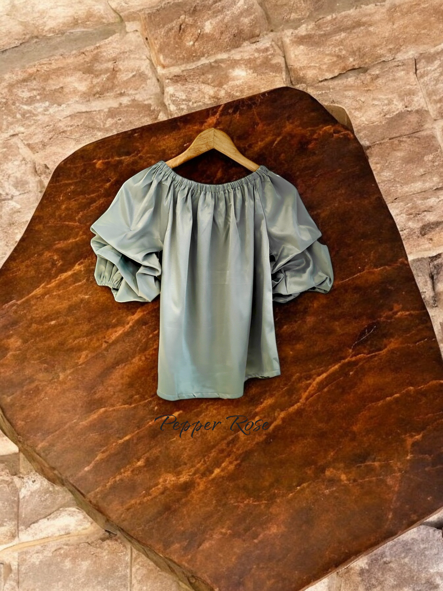 Aria Grain Texture Top with Puff Sleeves - Pastel Green