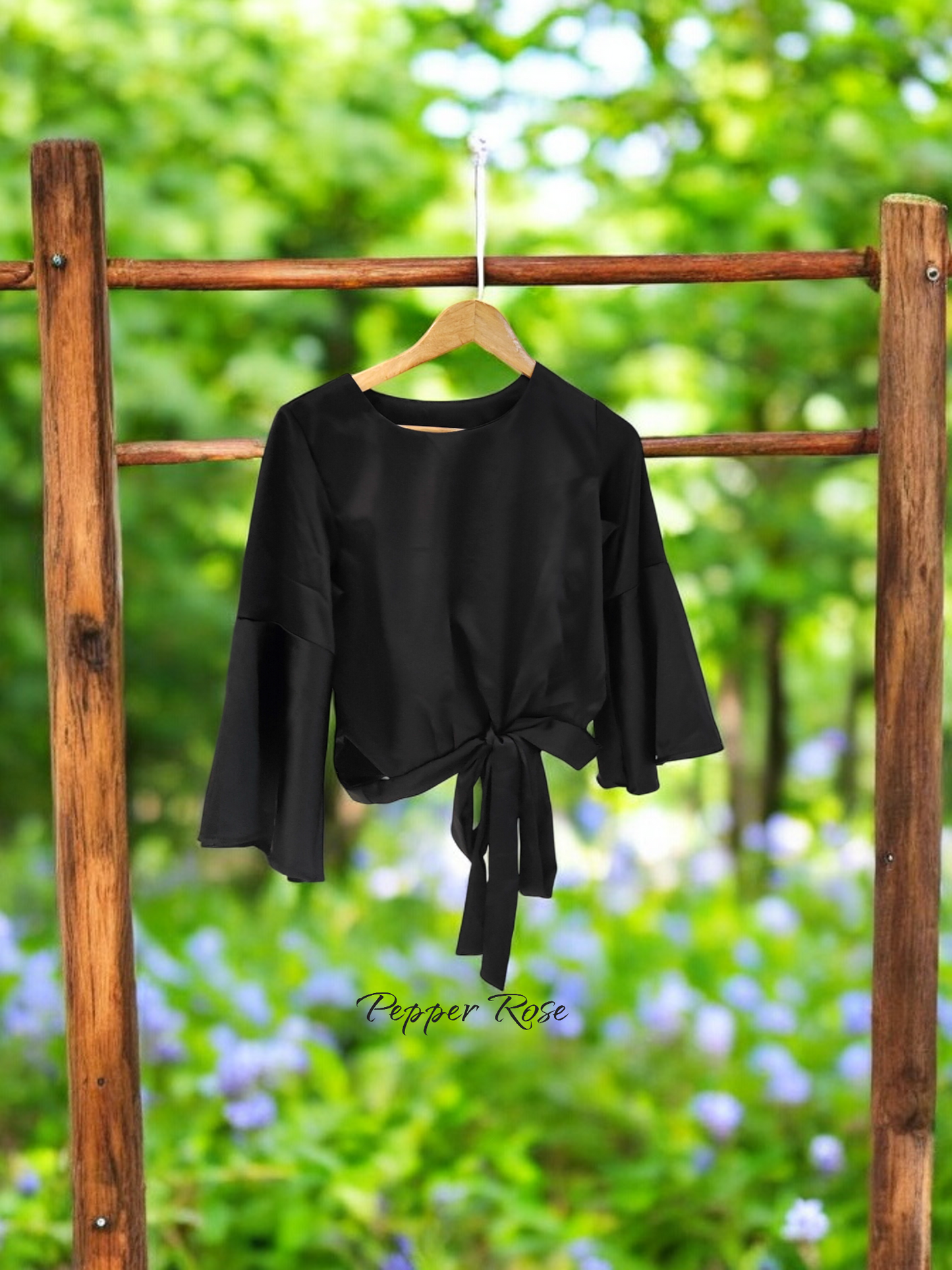 Suede Grain Texture Top with Bell Sleeves - Black