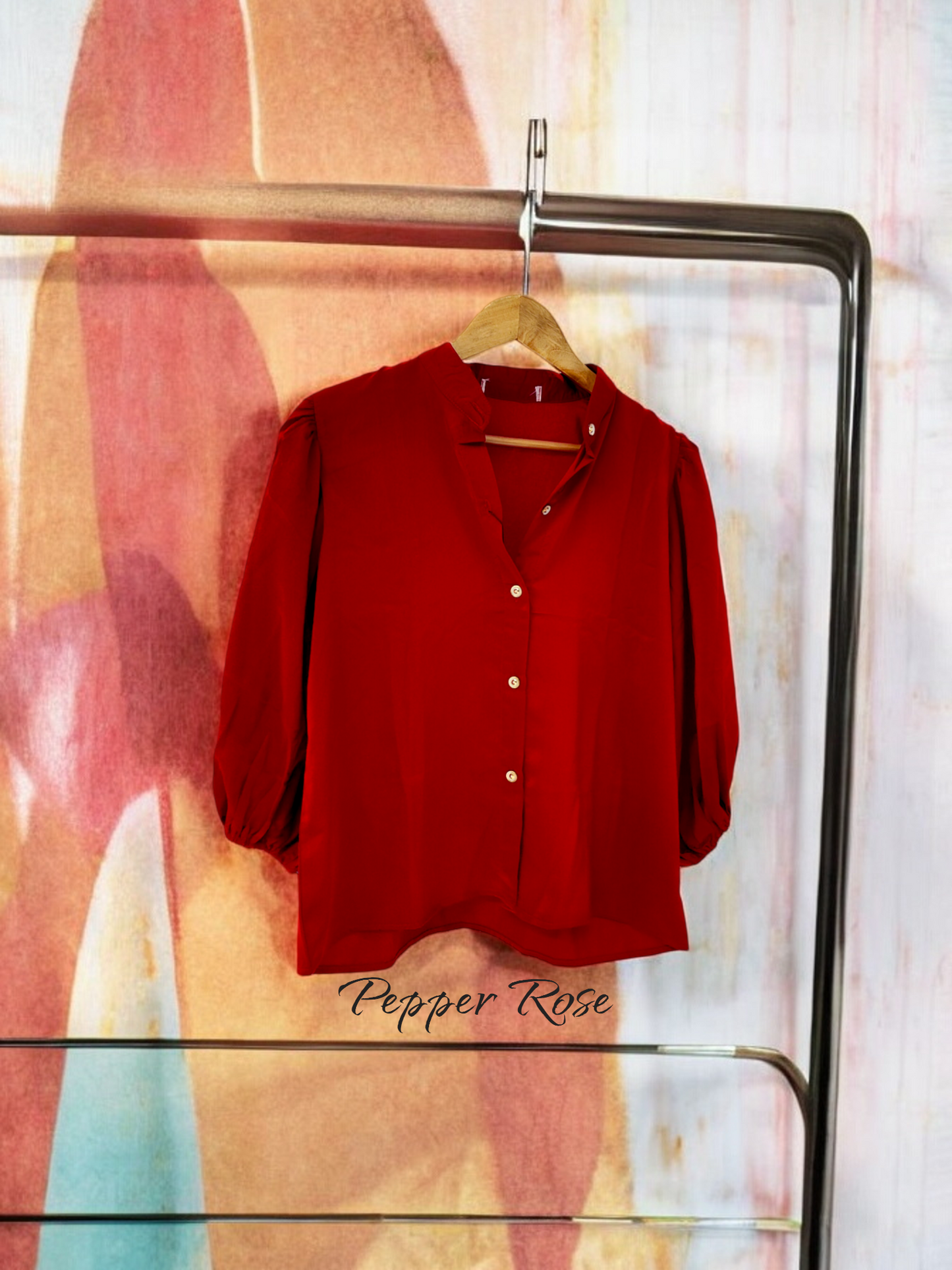 Jova Satin Shirt with Long Puff Sleeves - Red