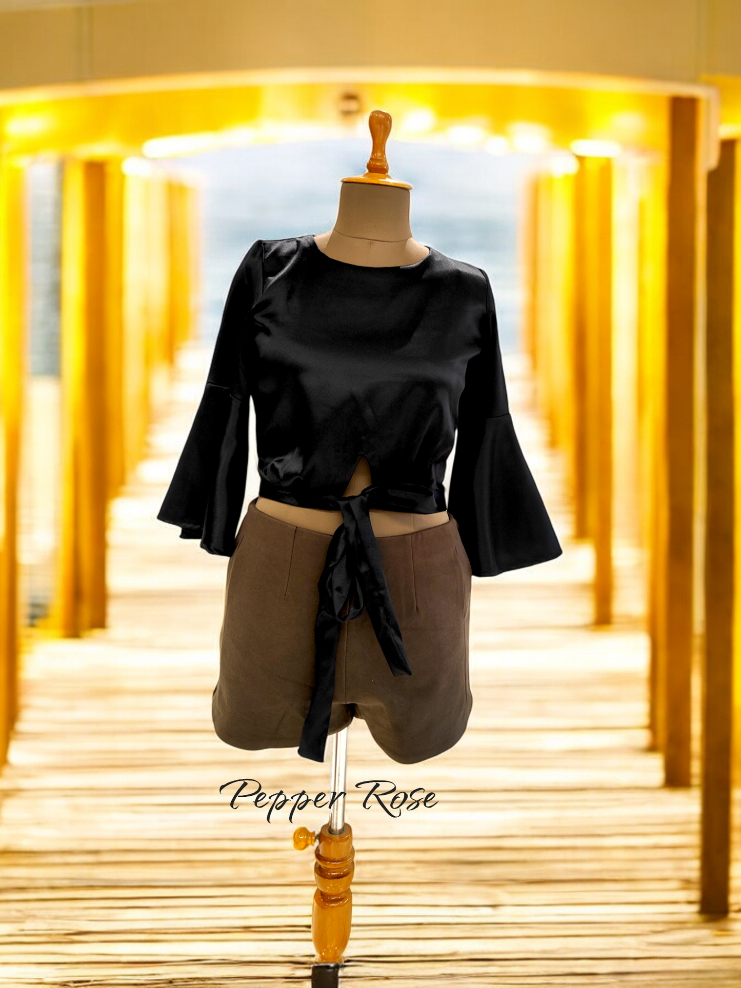 Suede Grain Texture Top with Bell Sleeves - Black