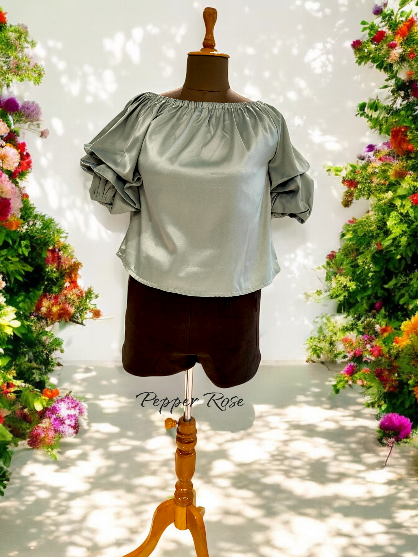 Aria Grain Texture Top with Puff Sleeves - Pastel Green
