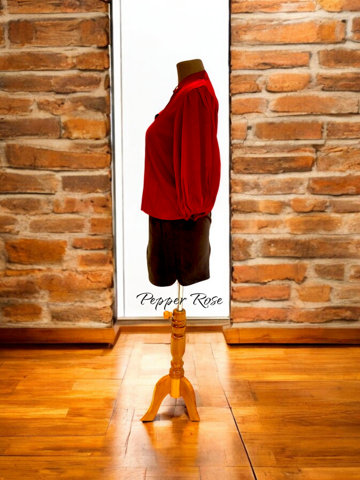 Jova Satin Shirt with Long Puff Sleeves - Red