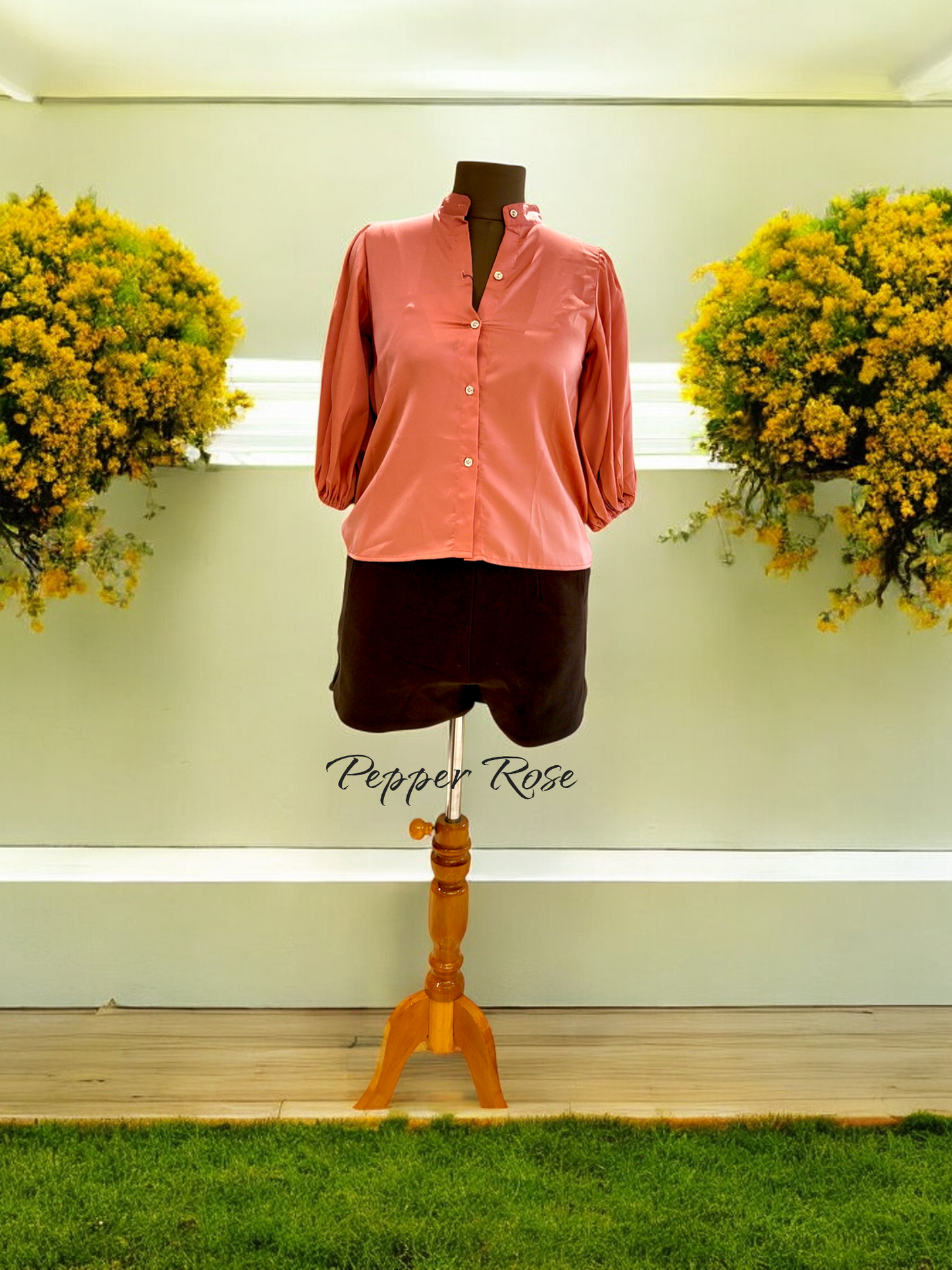 Eram Satin Shirt with Long Puff Sleeves - Peach