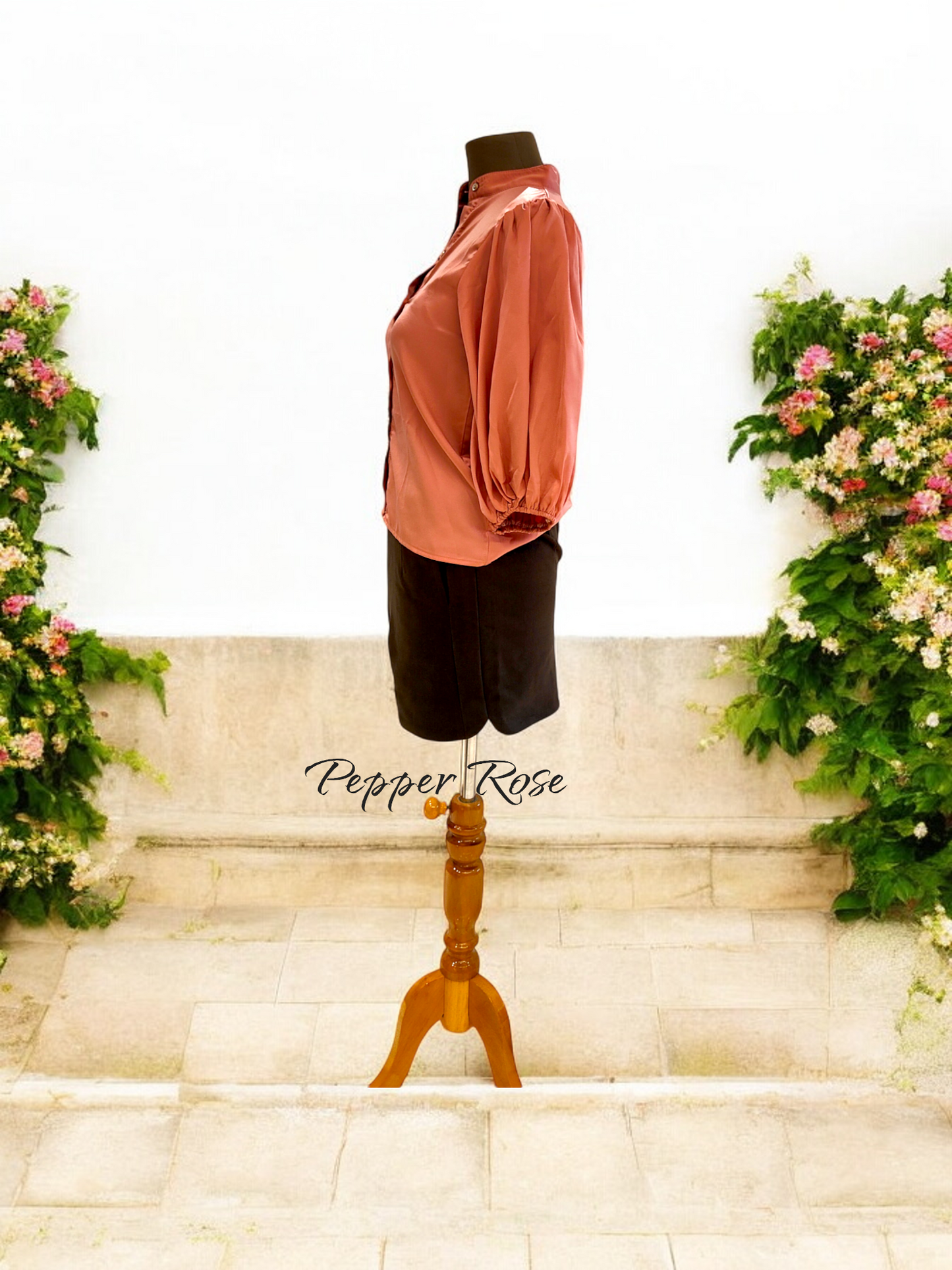 Eram Satin Shirt with Long Puff Sleeves - Peach