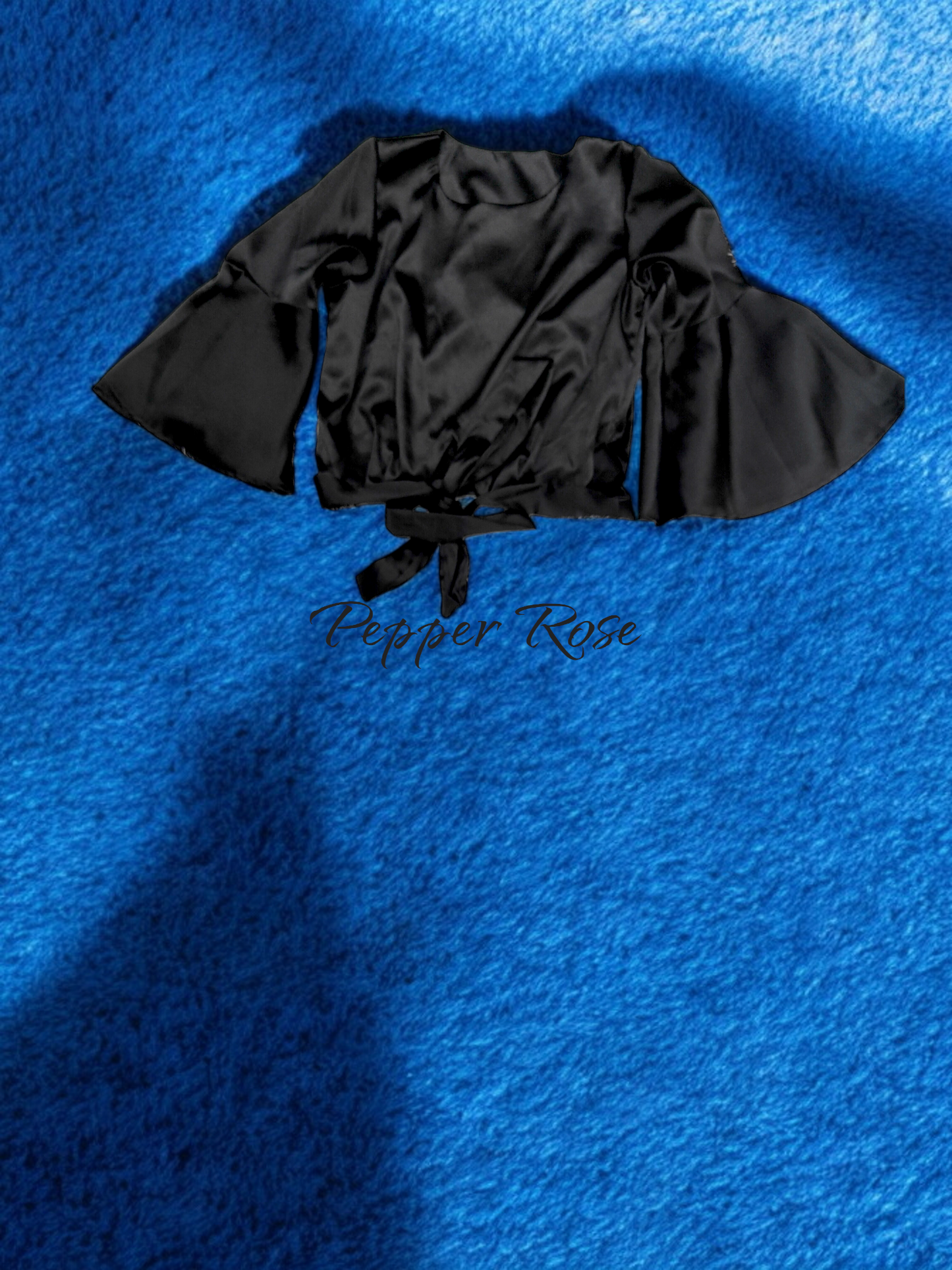 Suede Grain Texture Top with Bell Sleeves - Black