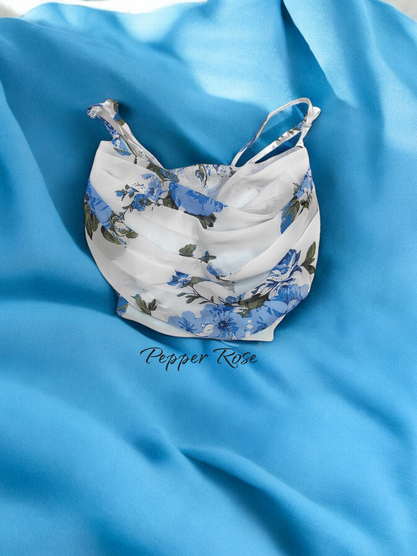 Sia floral Chiffon Shoulder Straps Crop Fitted Top - Blue/White