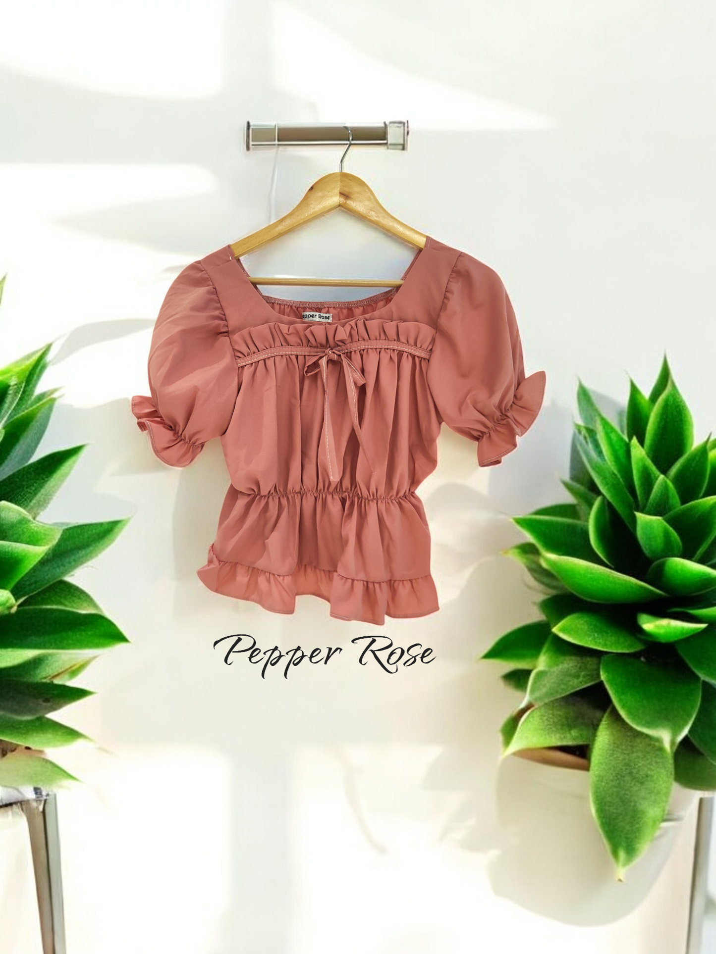 Nessa Egyptian Cotton Sateen Top with Puff Sleeves - Peach