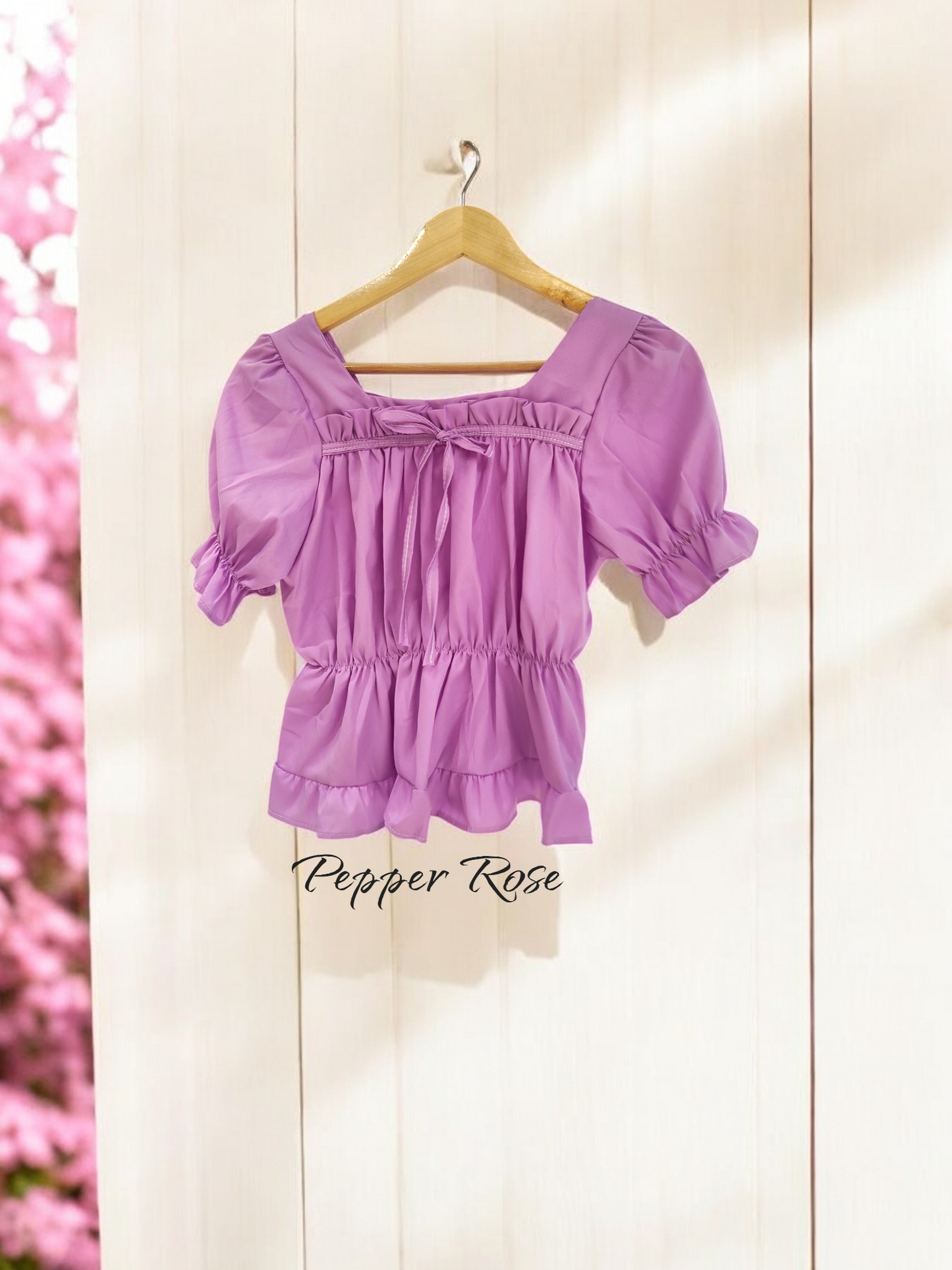 Nessa Egyptian Cotton Sateen Top with Puff Sleeves - Lavender