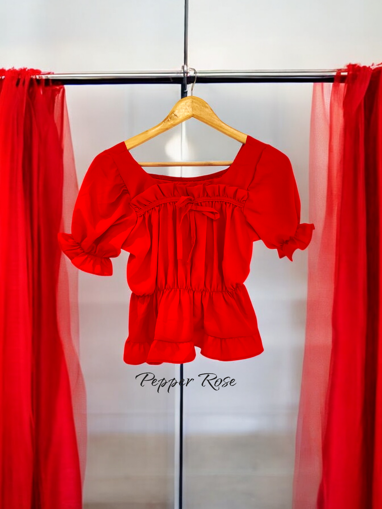 Nessa Egyptian Cotton Sateen Top with Puff Sleeves - Red