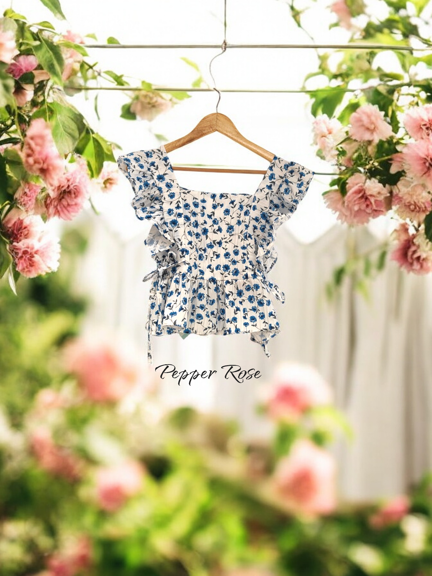 Harper Floral Ruffle Top with Flutter Sleeves - Blue/White