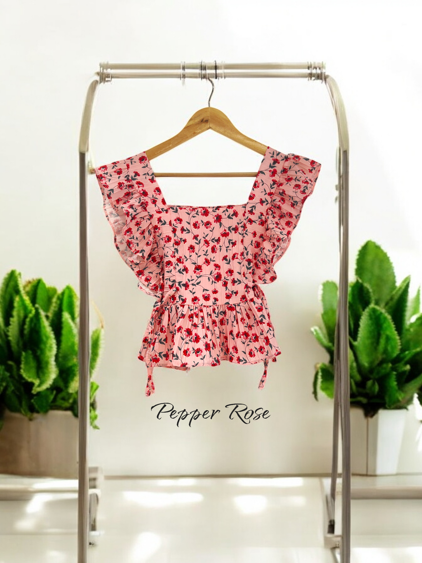 Harper Floral Ruffle Top with Flutter Sleeves - Pink