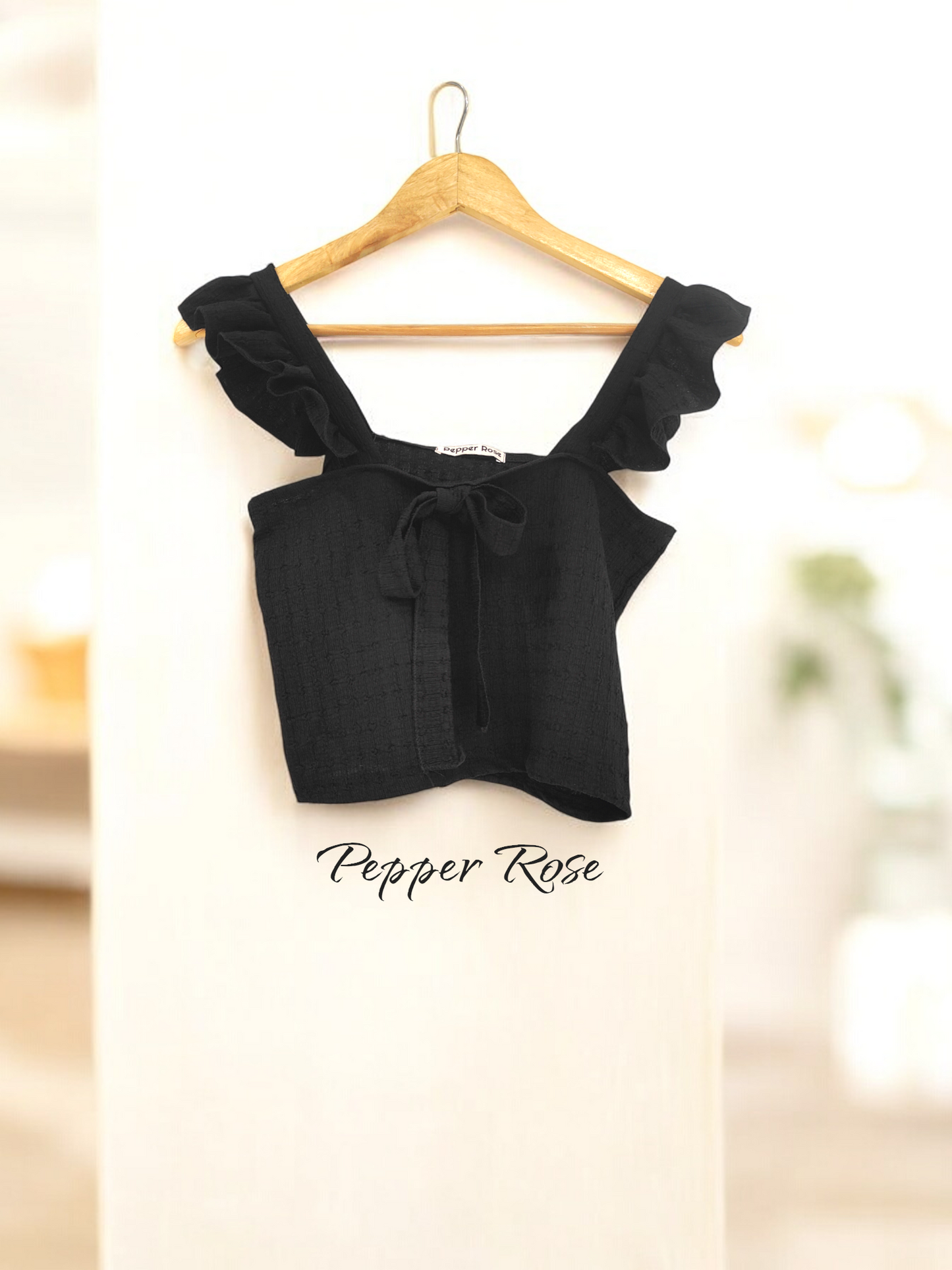 Lara Crop Top with Flutter Sleeves - Black