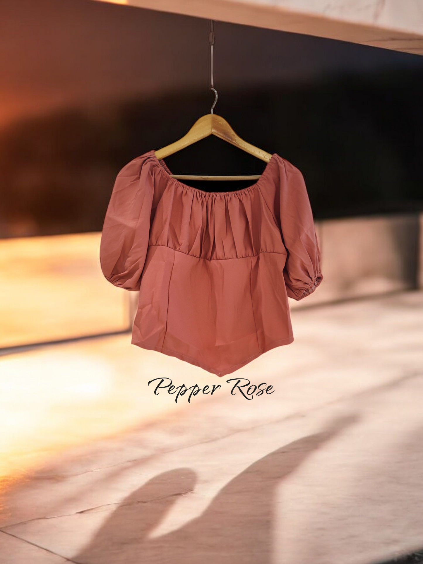 Ava Grain Texture Hem Top with Puff Sleeves - Peach