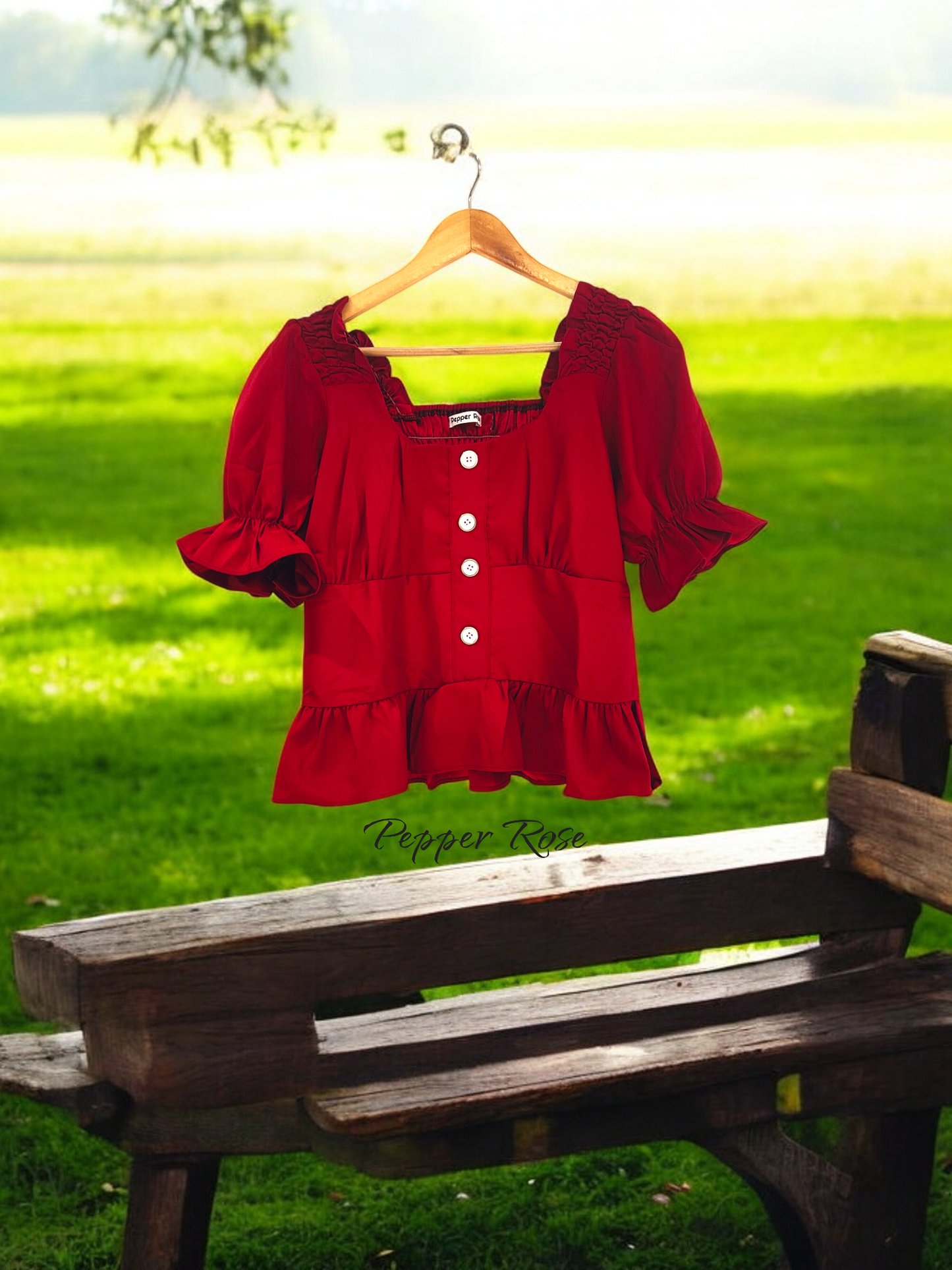 Kora Grain Texture Hem Top with Puff Sleeves - Maroon