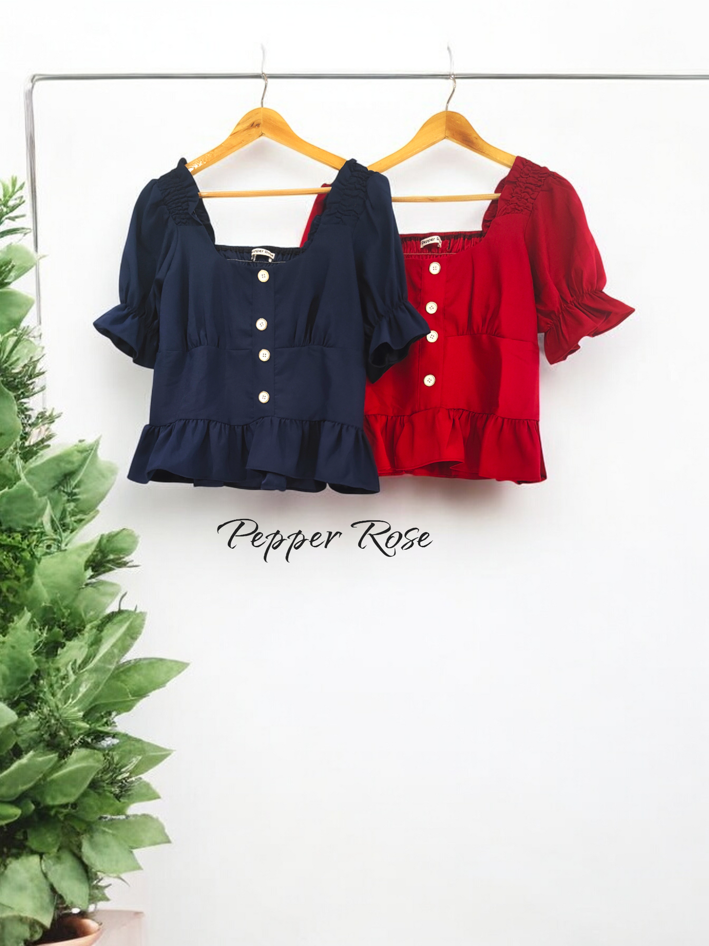 Kora Grain Texture Hem Top with Puff Sleeves - Navy Blue