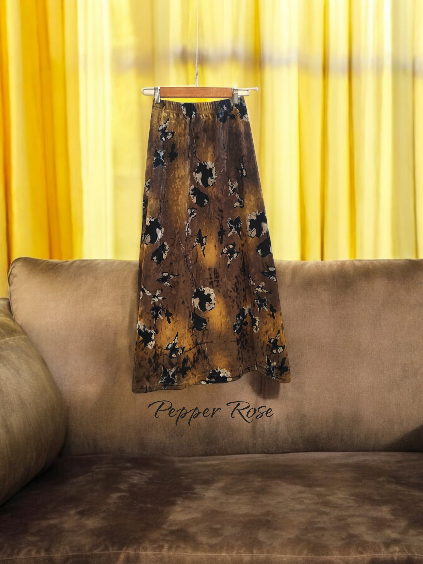 Rimaya Velvet Floral Straight Skirt - Brown