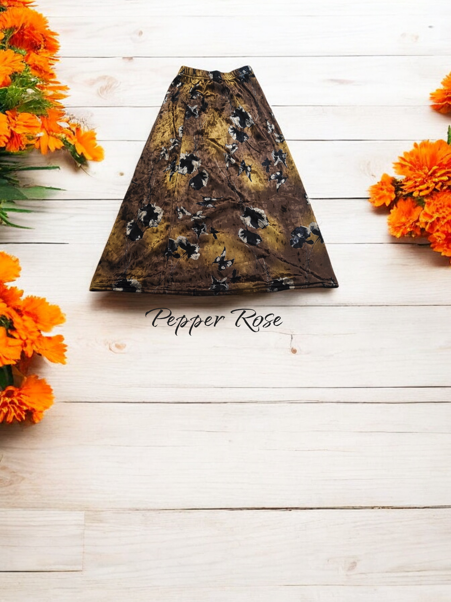 Rimaya Velvet Floral Straight Skirt - Brown