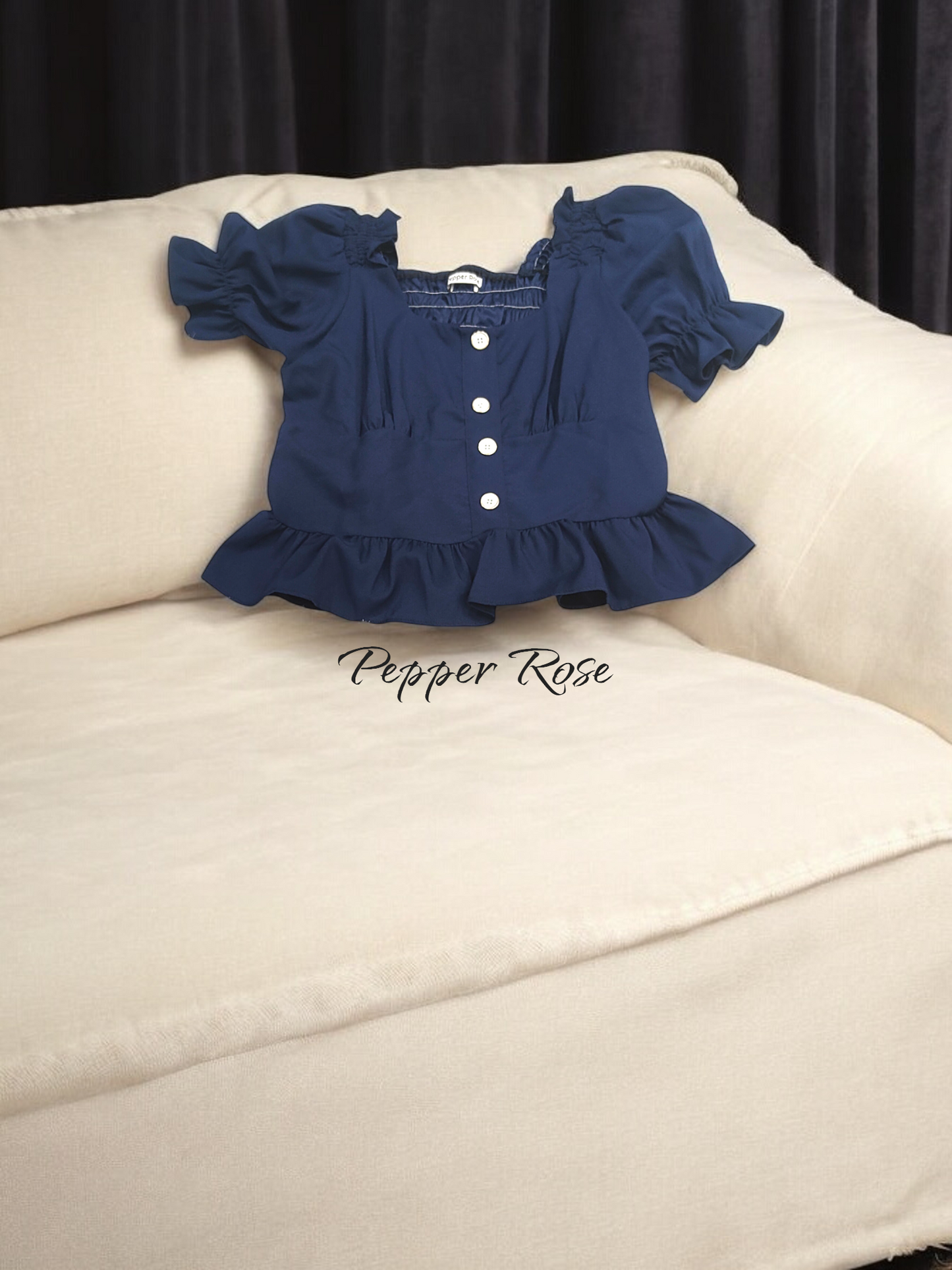 Kora Grain Texture Hem Top with Puff Sleeves - Navy Blue