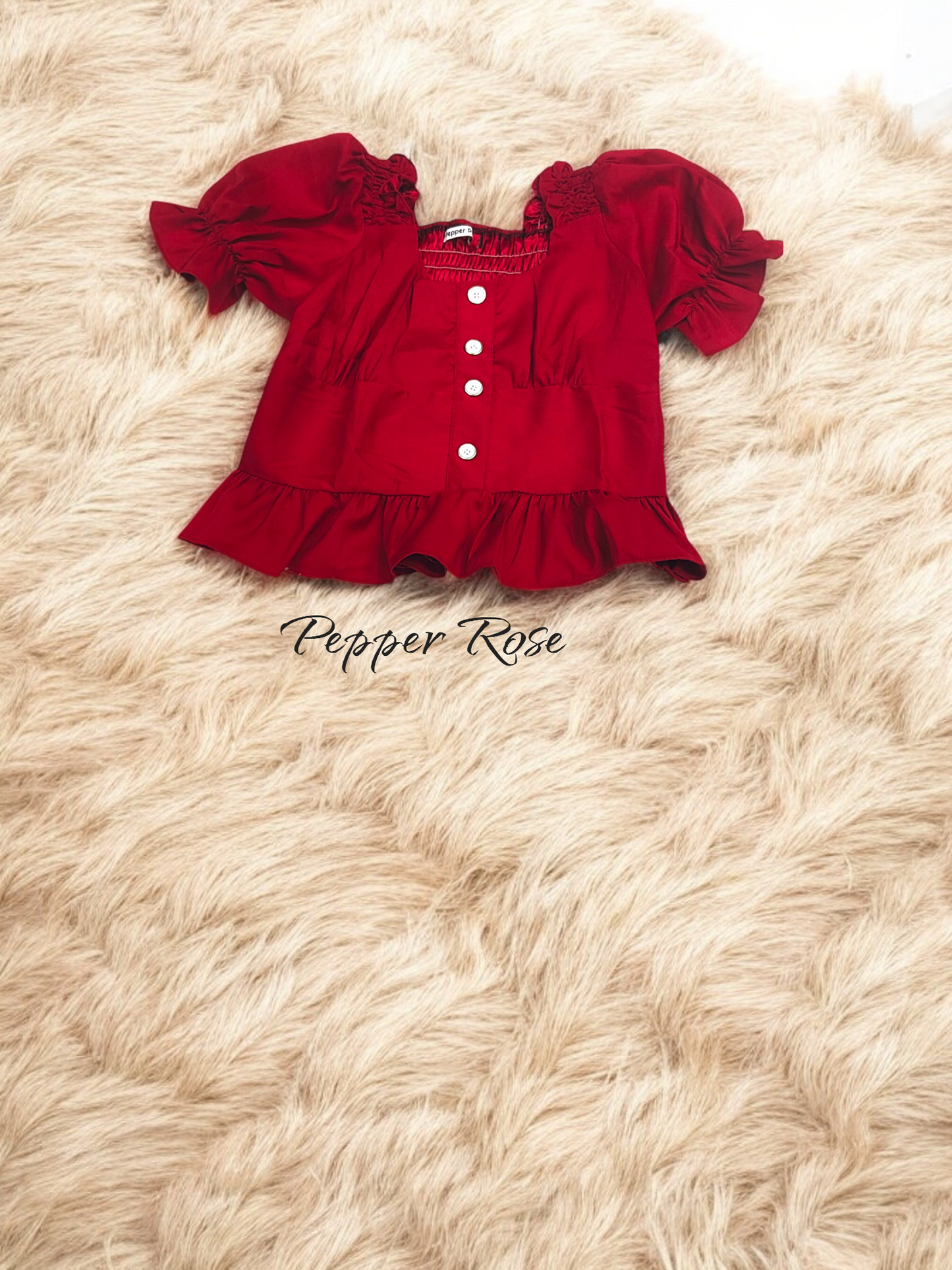 Kora Grain Texture Hem Top with Puff Sleeves - Maroon