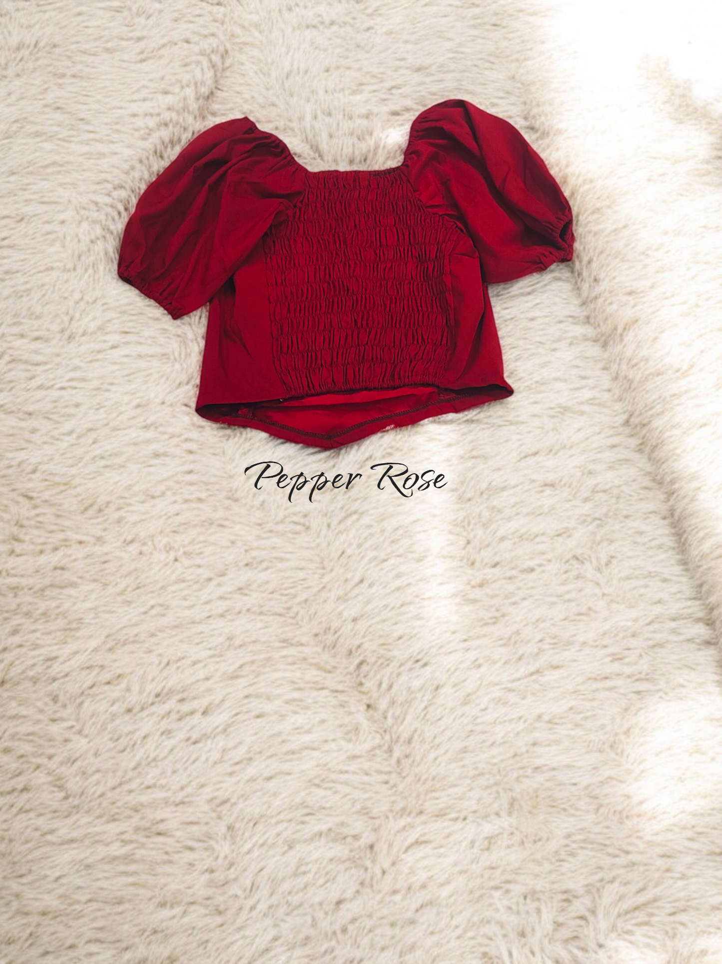 Ava Grain Texture Hem Top with Puff Sleeves - Maroon