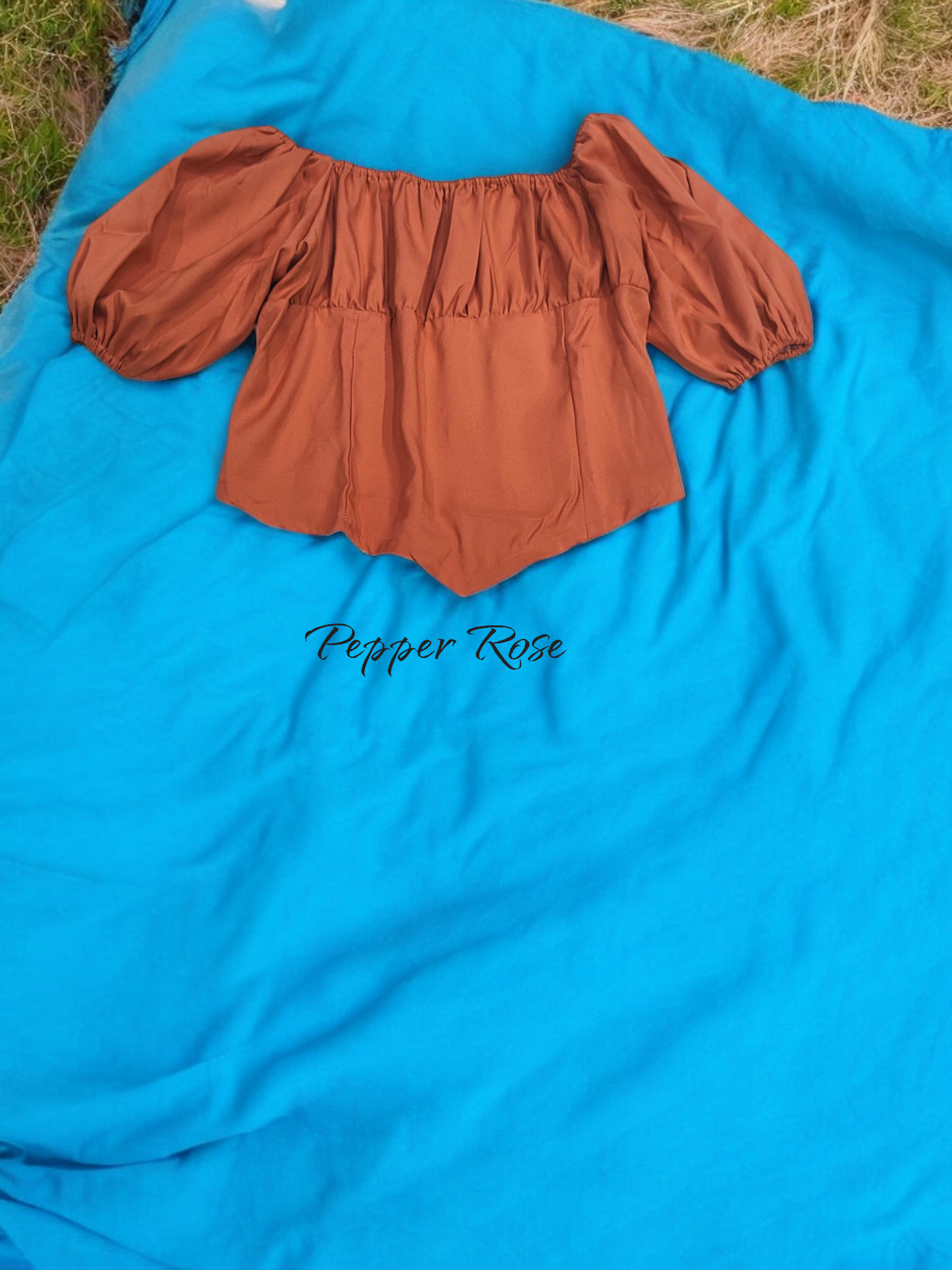 Ava Grain Texture Hem Top with Puff Sleeves - Brown