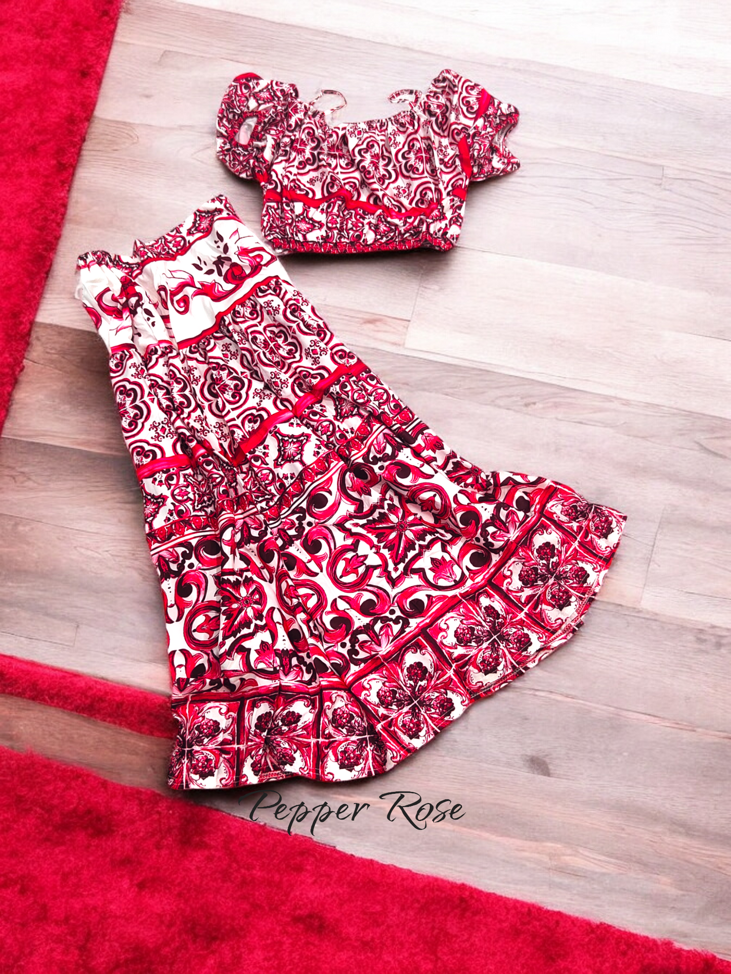 Amyra Floral Co-Ord Set with Crop Top & Skirt - Pink/White