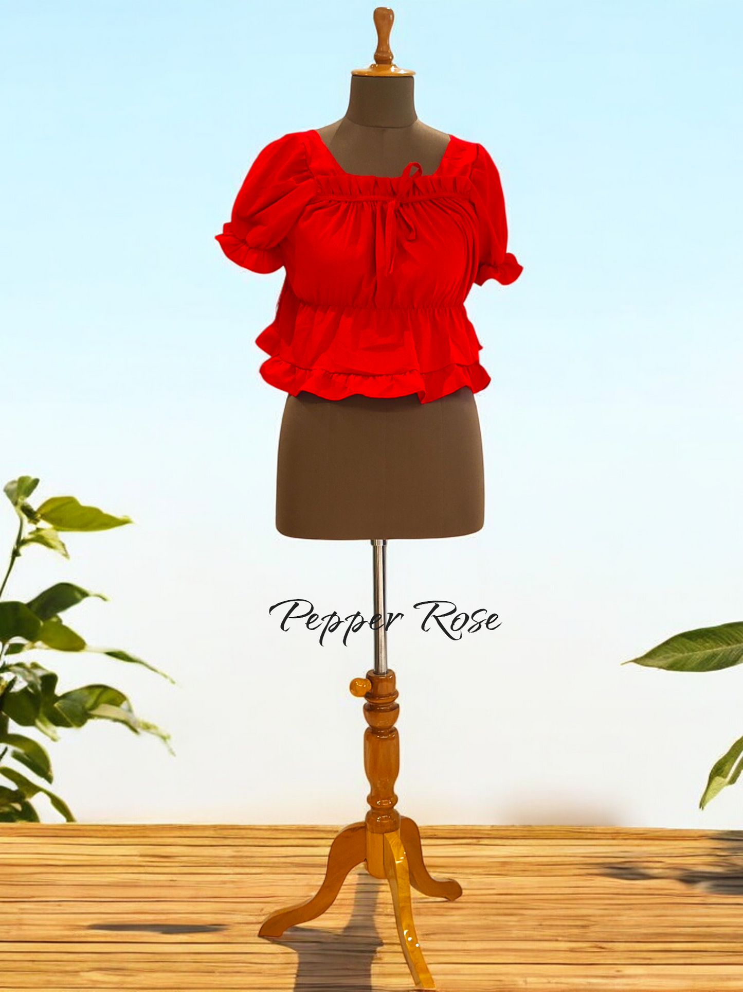 Nessa Egyptian Cotton Sateen Top with Puff Sleeves - Red