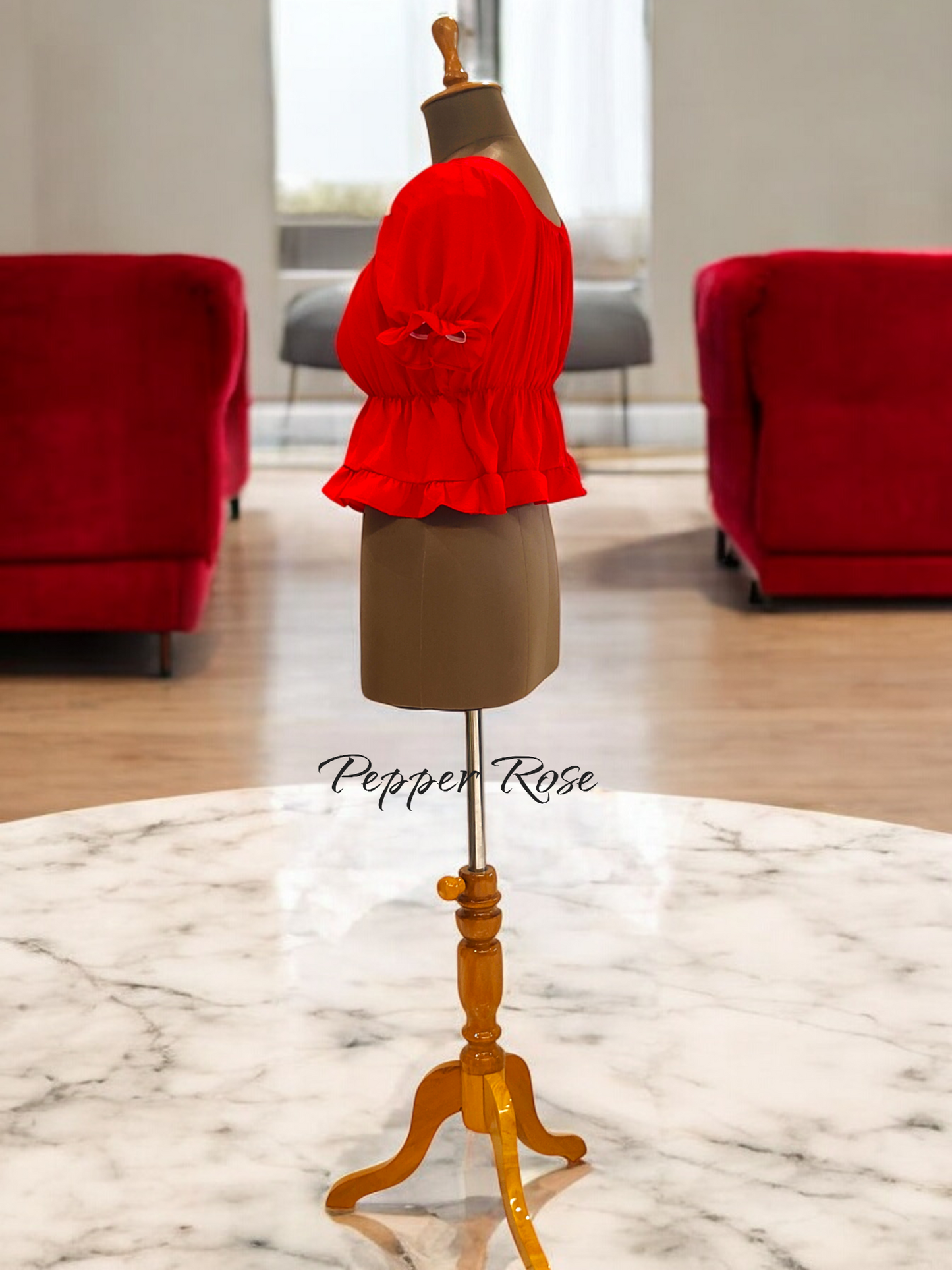 Nessa Egyptian Cotton Sateen Top with Puff Sleeves - Red