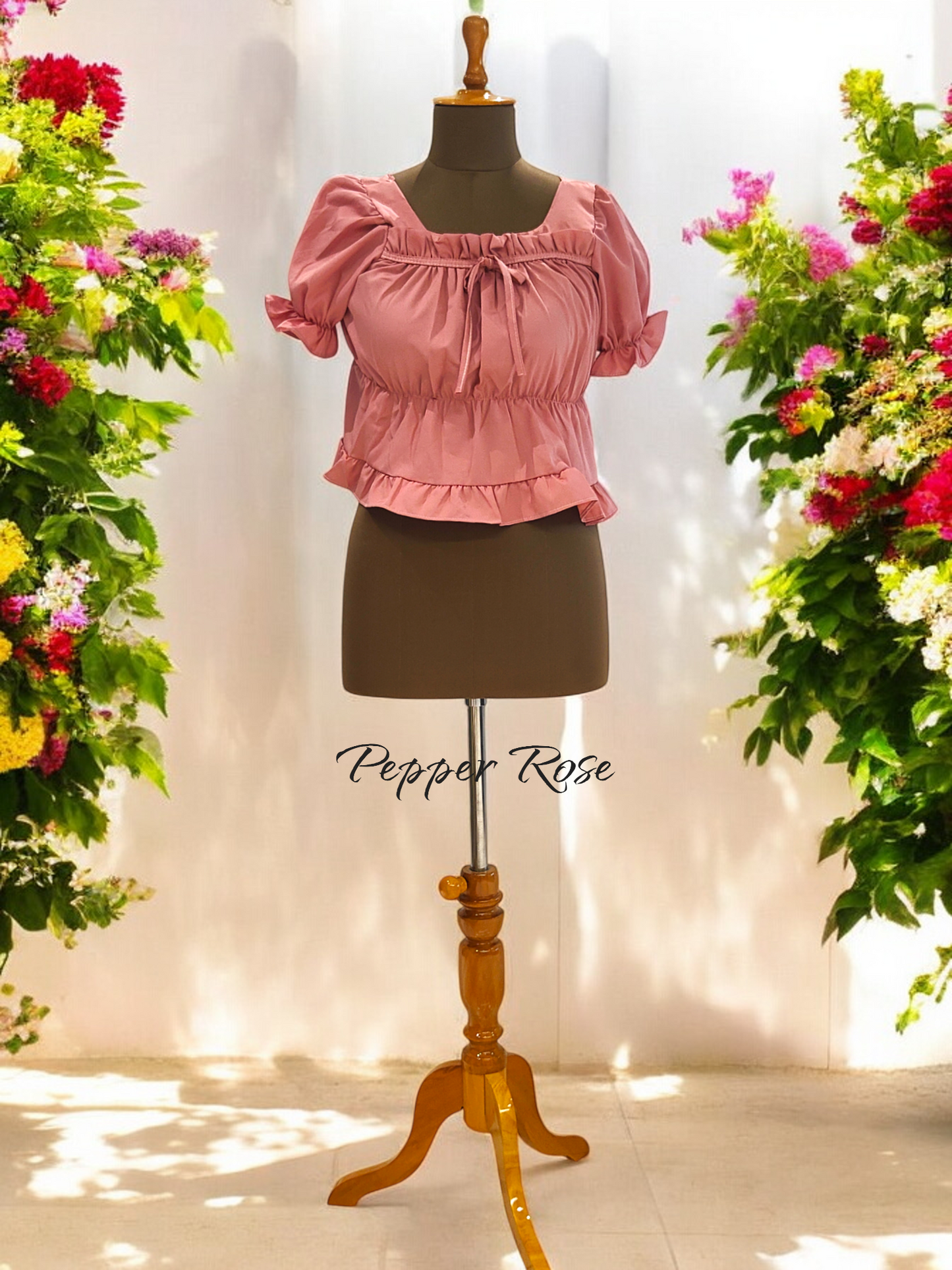 Nessa Egyptian Cotton Sateen Top with Puff Sleeves - Peach