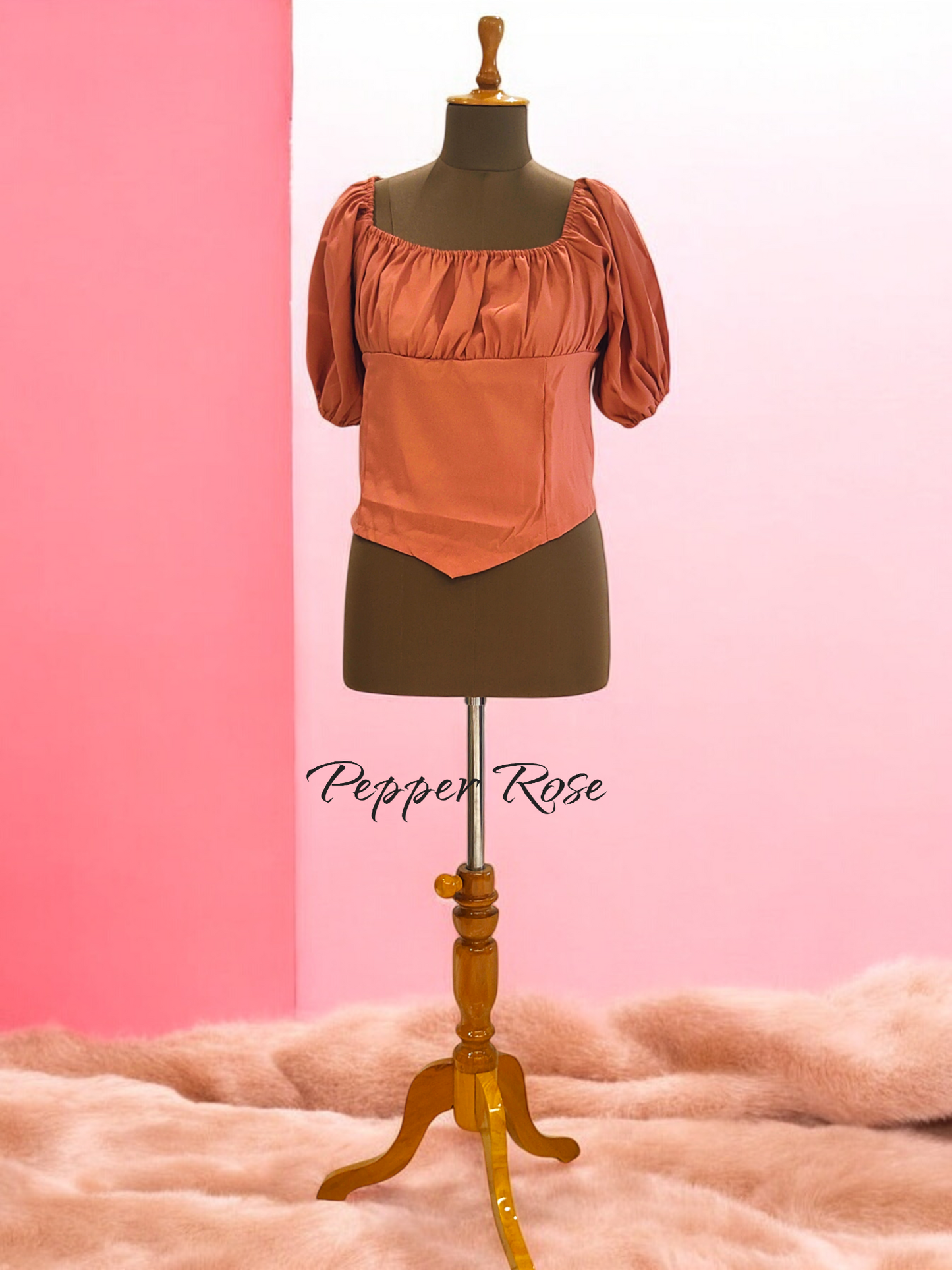 Ava Grain Texture Hem Top with Puff Sleeves - Brown