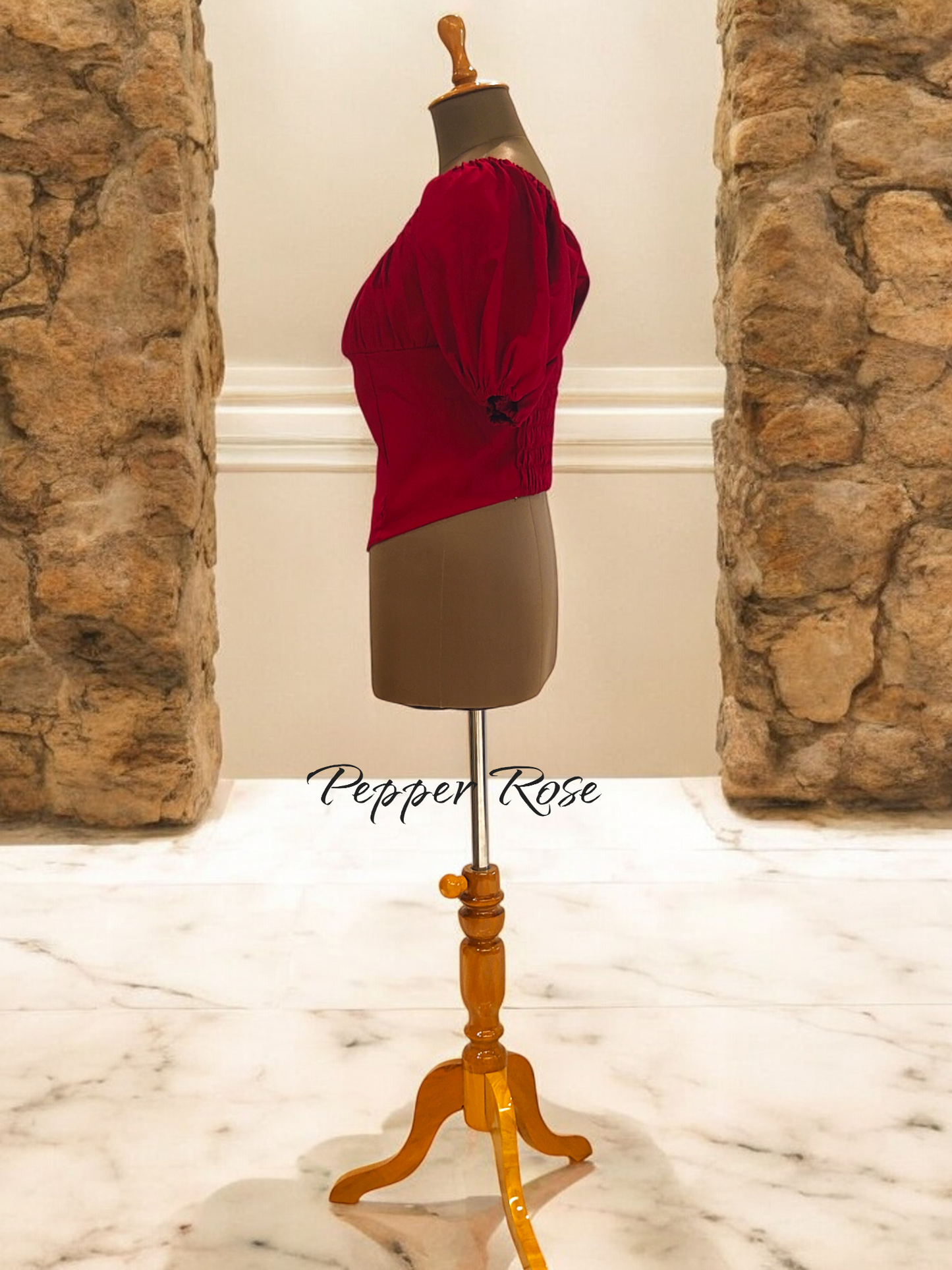 Ava Grain Texture Hem Top with Puff Sleeves - Maroon