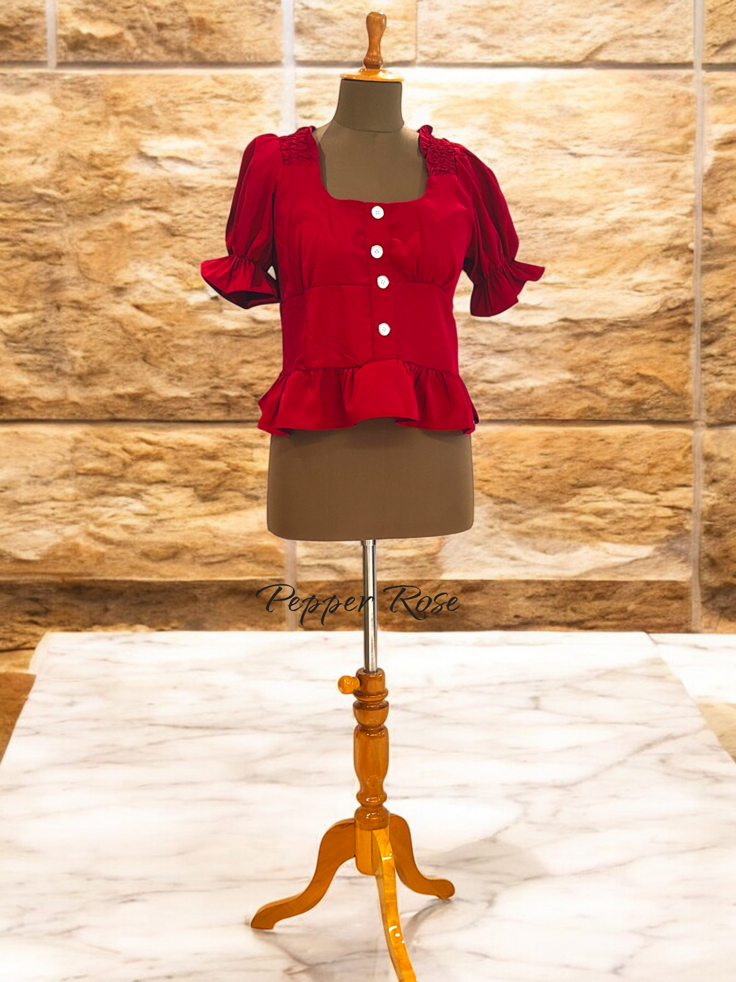 Kora Grain Texture Hem Top with Puff Sleeves - Maroon