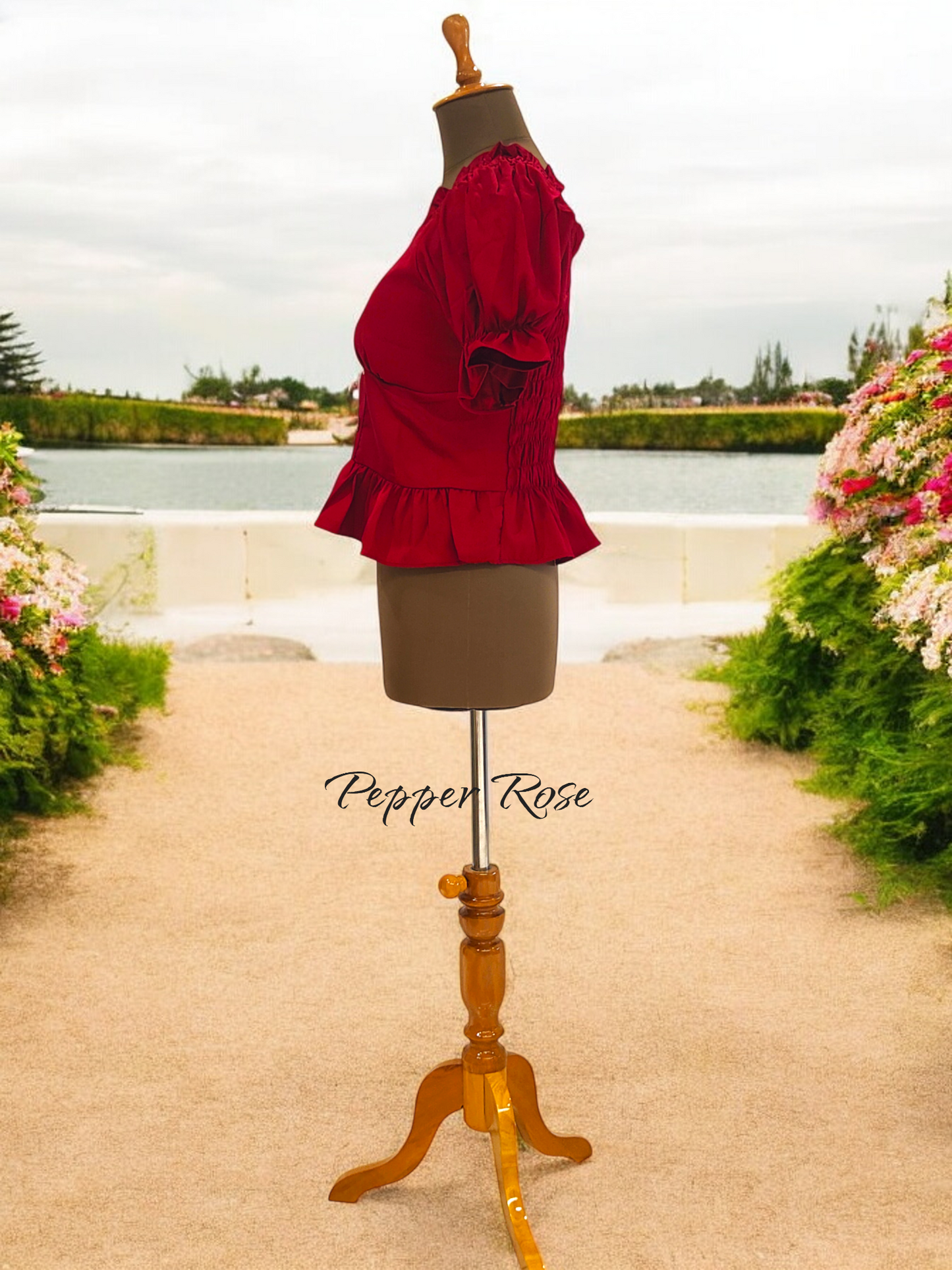 Kora Grain Texture Hem Top with Puff Sleeves - Maroon