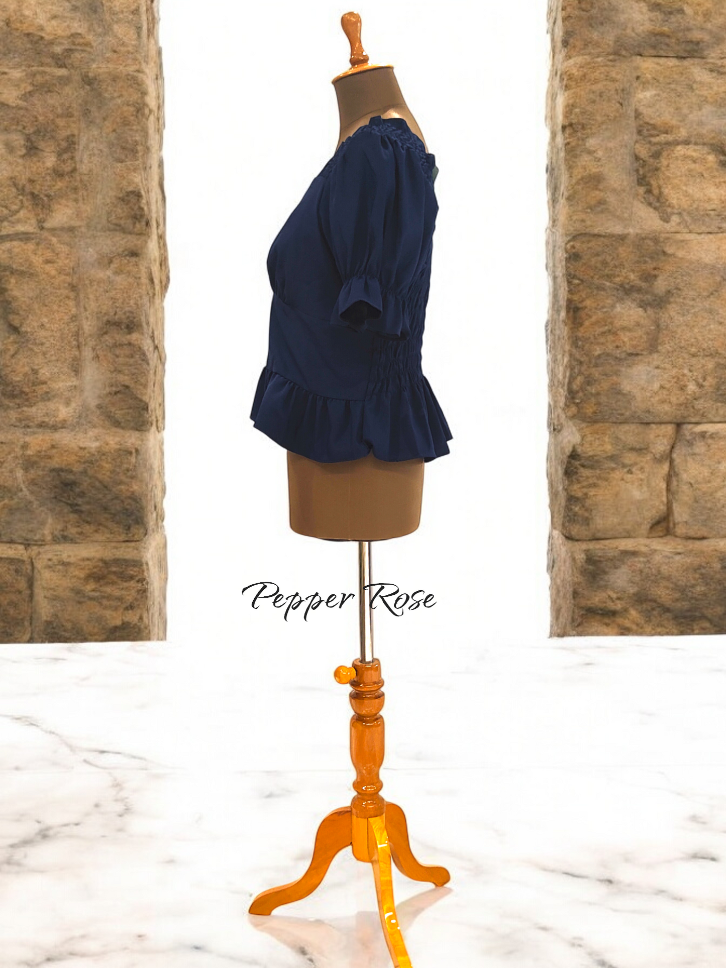 Kora Grain Texture Hem Top with Puff Sleeves - Navy Blue
