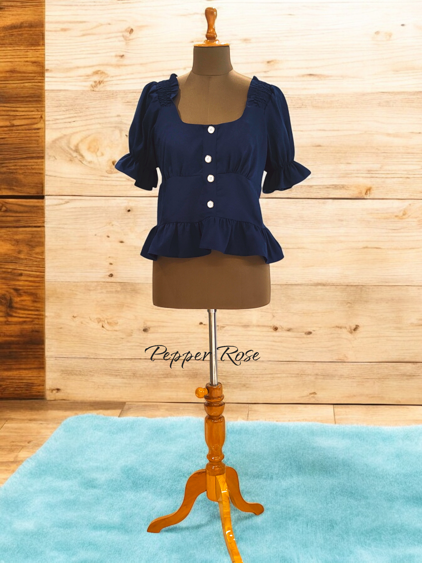 Kora Grain Texture Hem Top with Puff Sleeves - Navy Blue