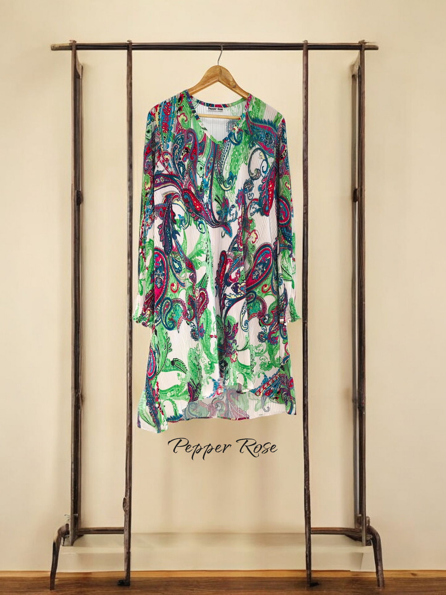 Noha Satin Pleated Dress with full Sleeves - Multicolor/Green