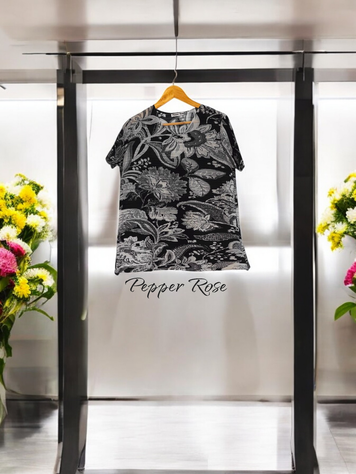 Miyake Pleated Floral printed Top - Black