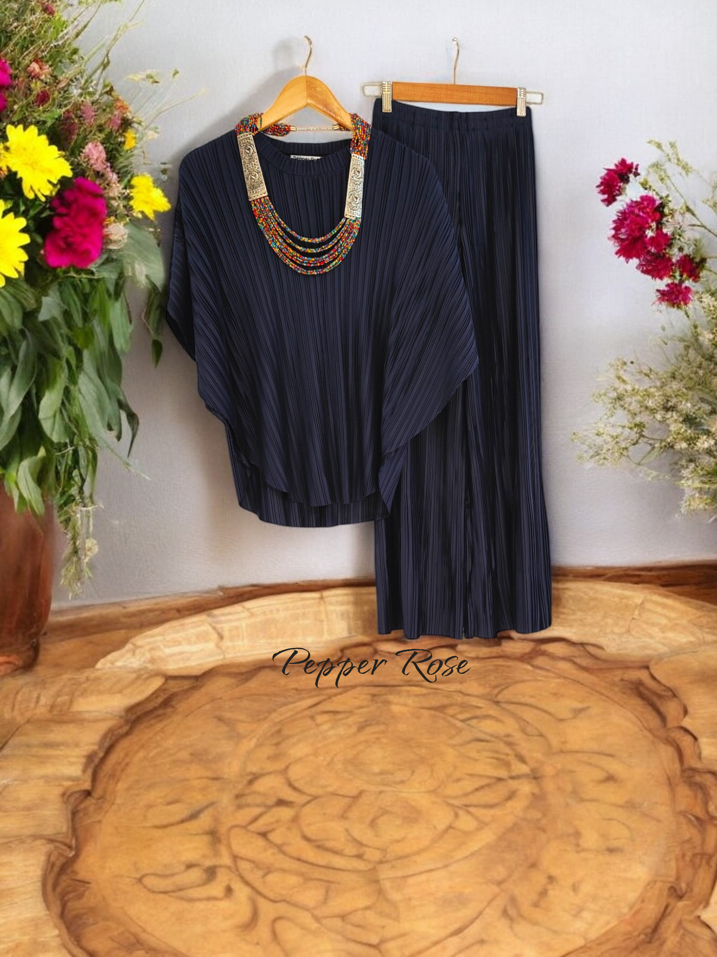 Alice Pleated Plain Co-Ord Set - Navy Blue