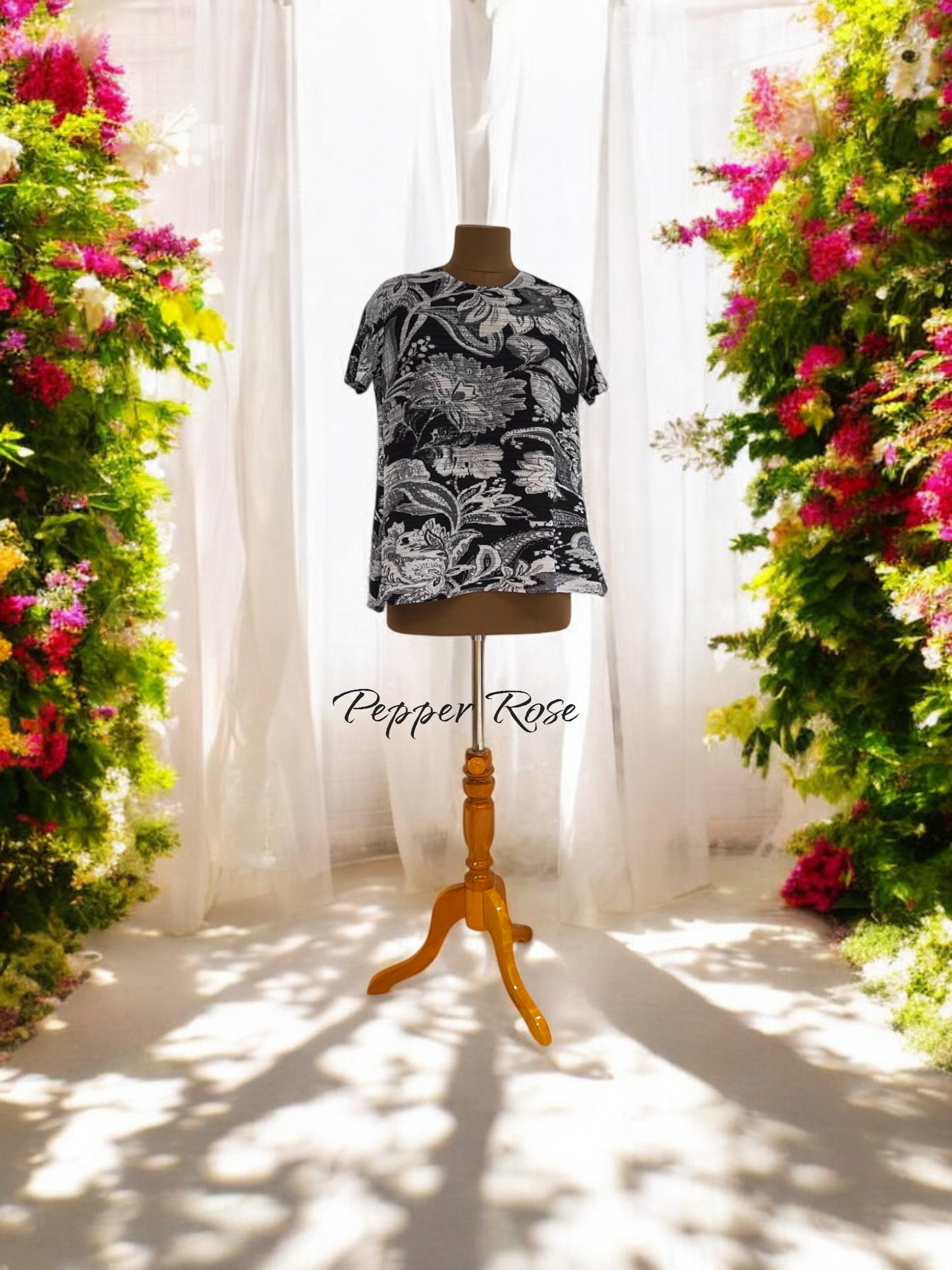 Miyake Pleated Floral printed Top - Black