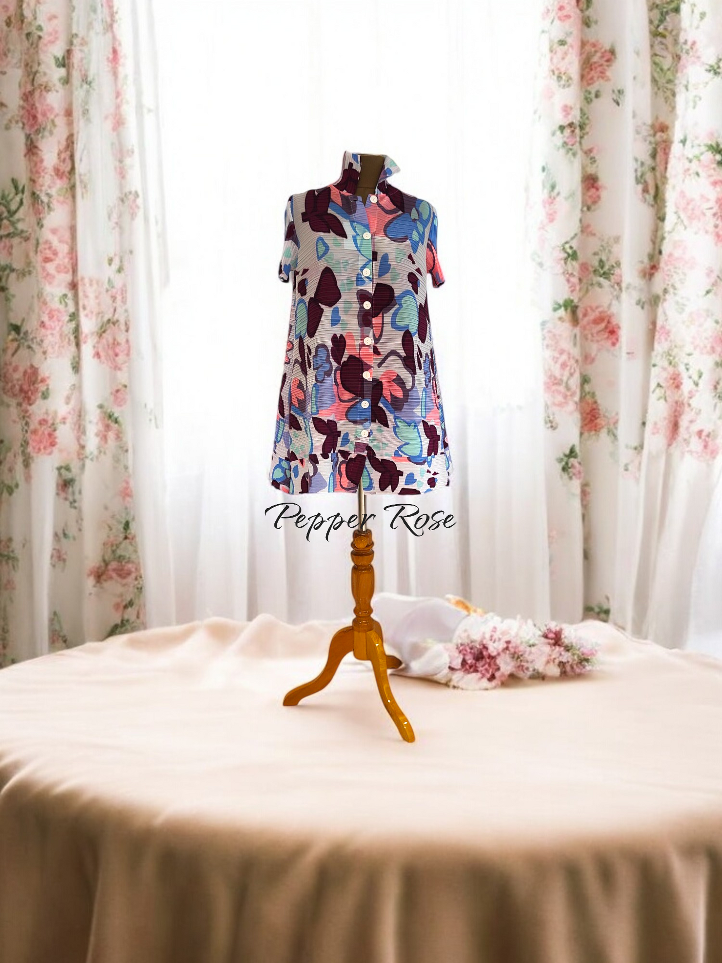 Miyake Pleated Buttoned Floral printed Dress - Multicolor/White