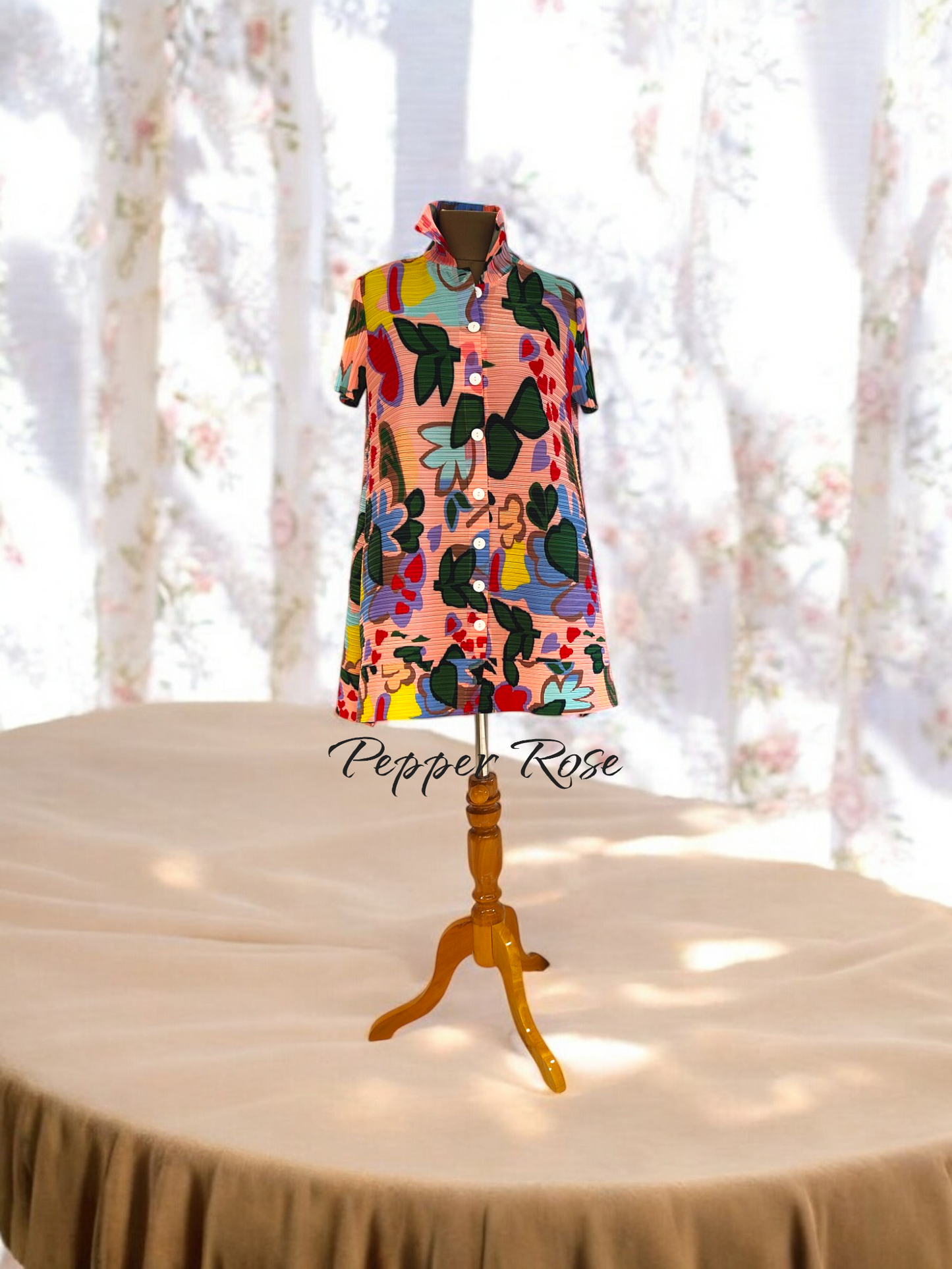 Miyake Pleated Buttoned Floral printed Dress - Multicolor/Peach