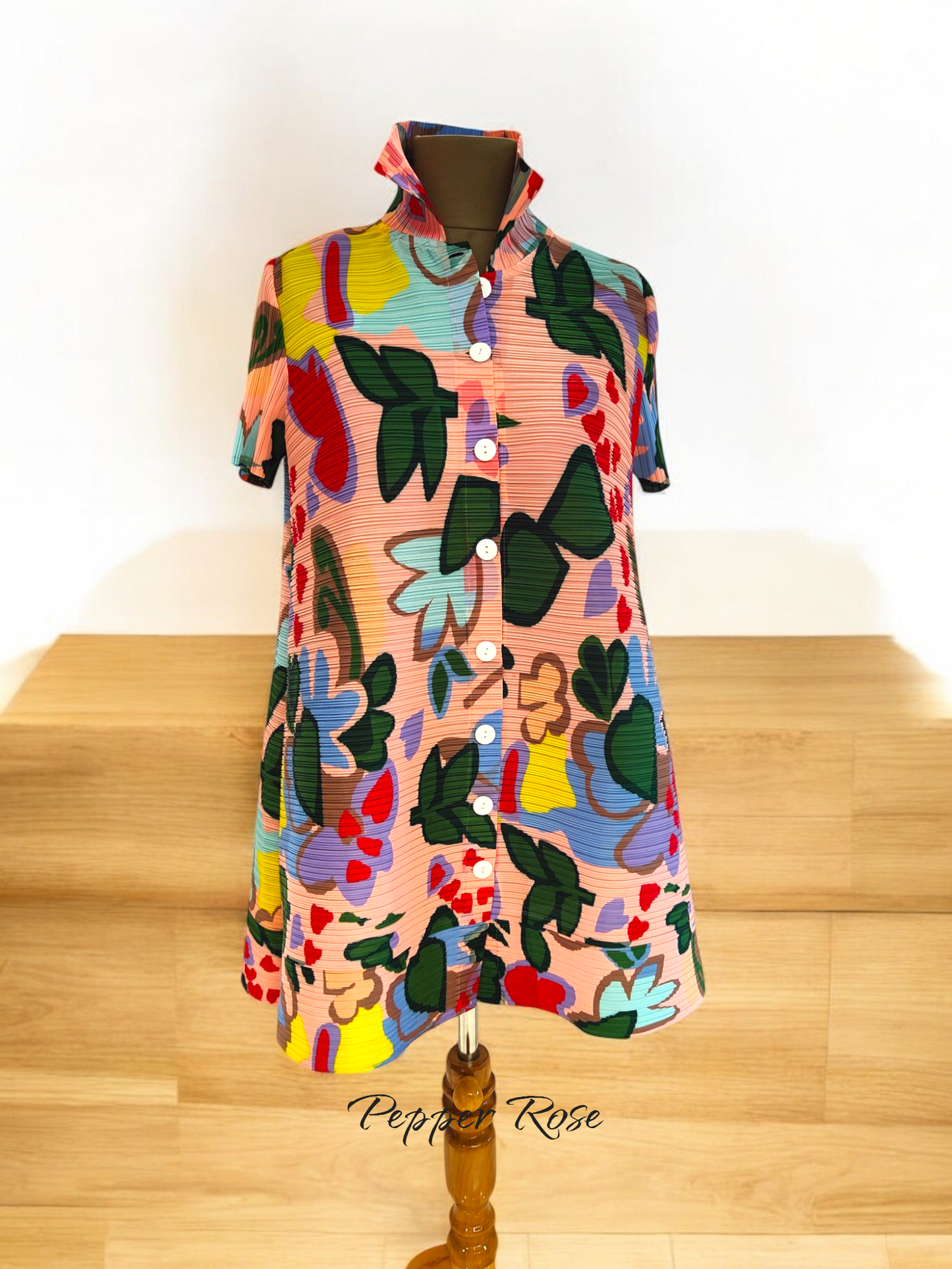 Miyake Pleated Buttoned Floral printed Dress - Multicolor/Peach