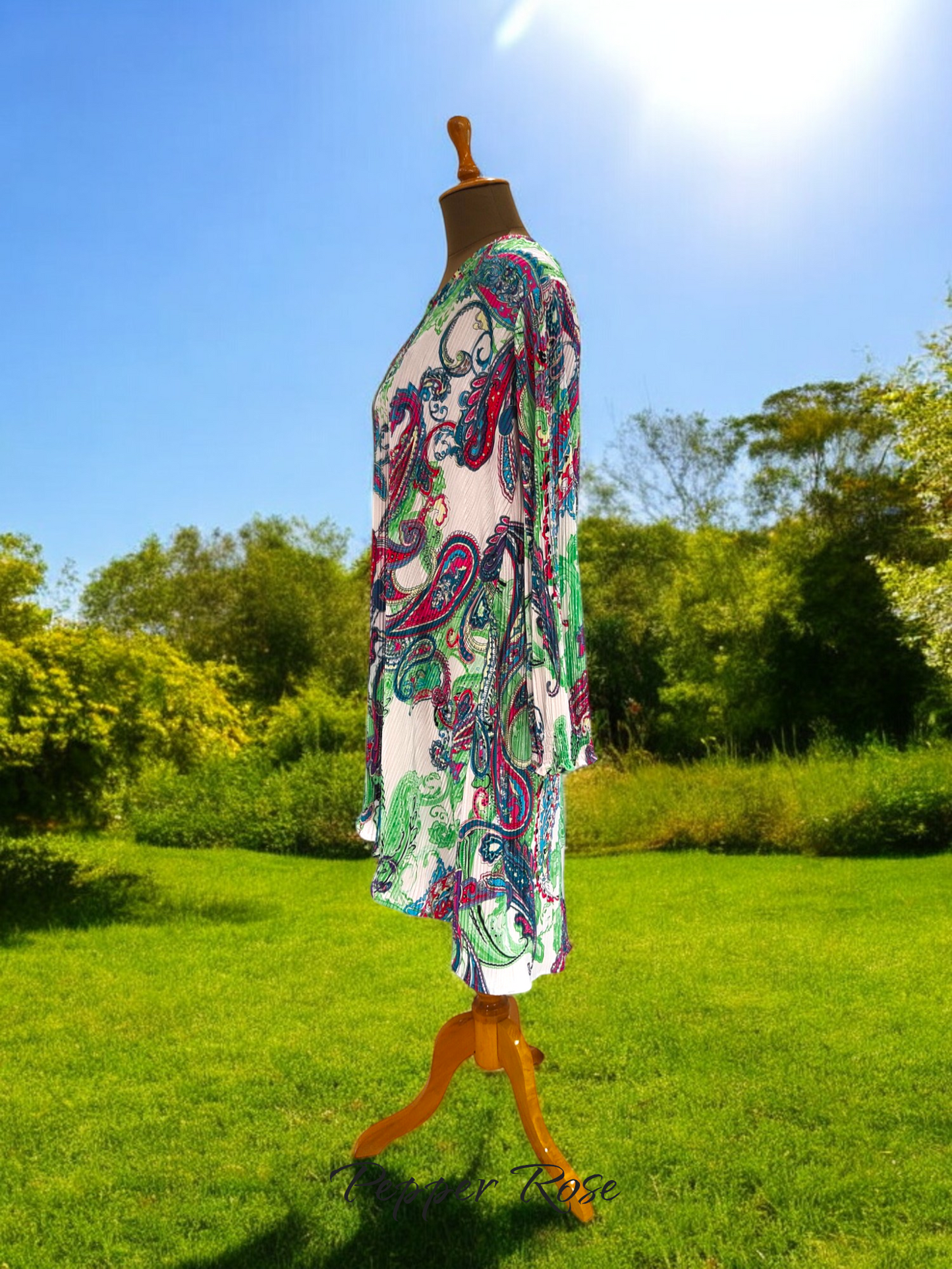 Noha Satin Pleated Dress with full Sleeves - Multicolor/Green