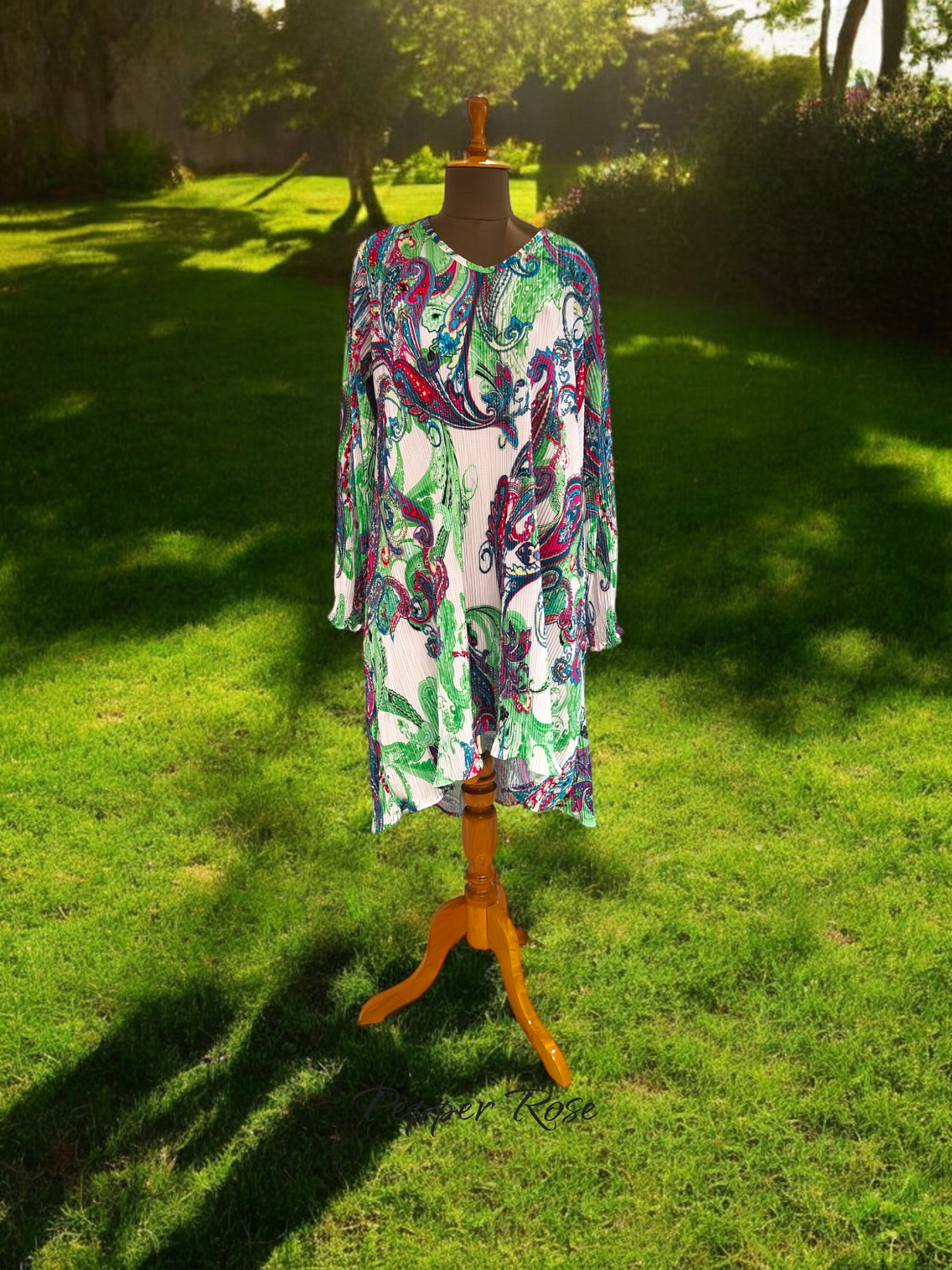 Noha Satin Pleated Dress with full Sleeves - Multicolor/Green