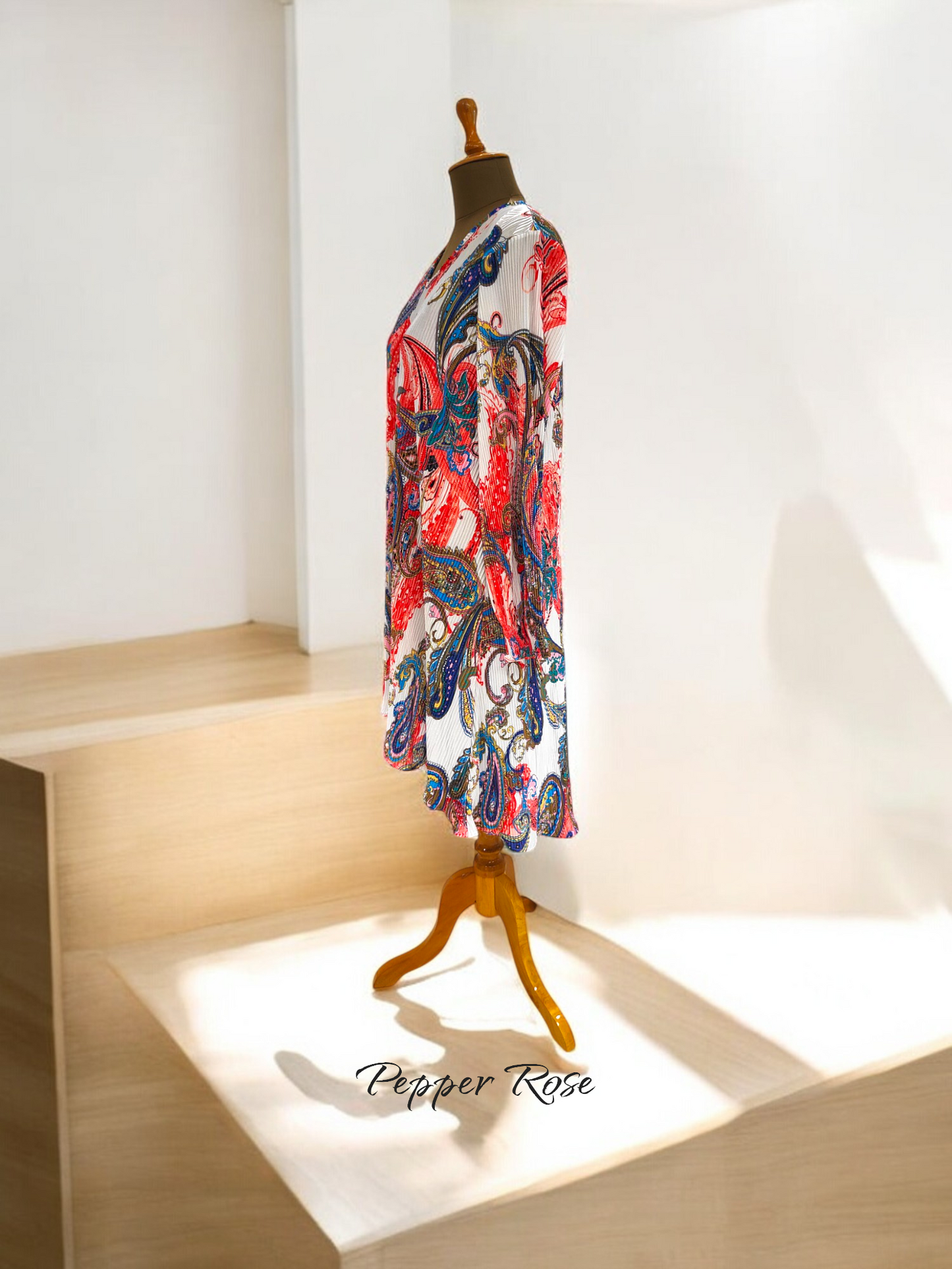 Noha Satin Pleated Dress with full Sleeves - Multicolor/Orange