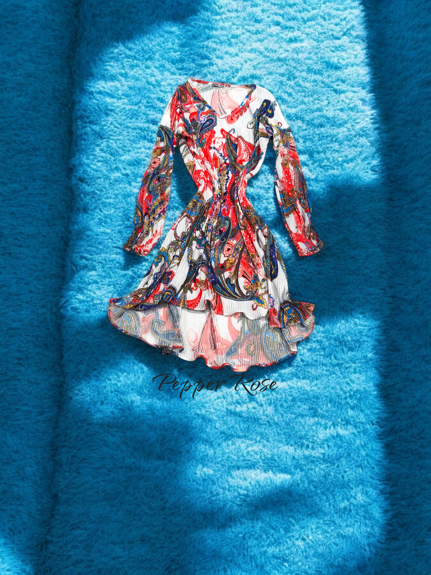 Noha Satin Pleated Dress with full Sleeves - Multicolor/Orange