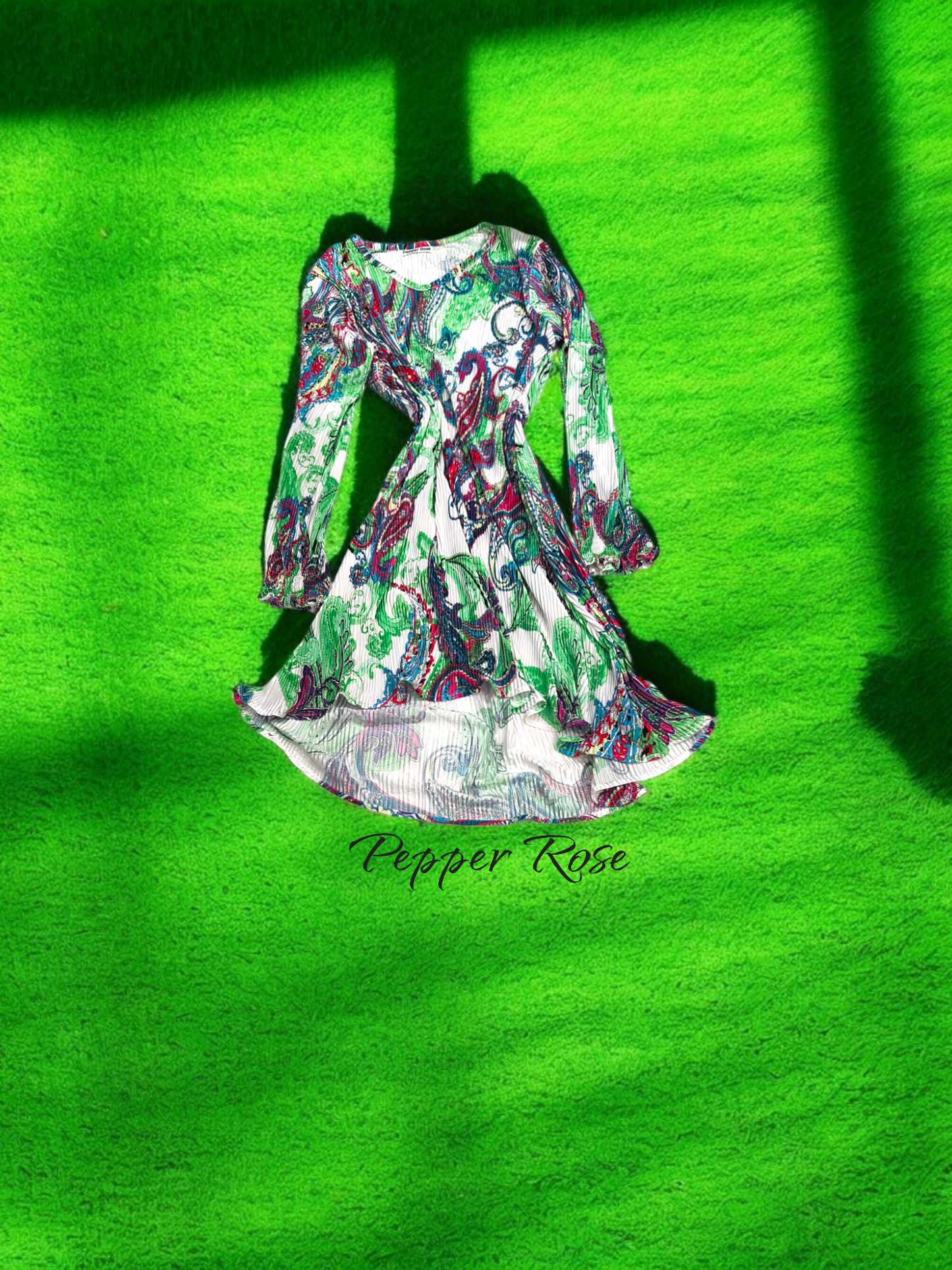 Noha Satin Pleated Dress with full Sleeves - Multicolor/Green