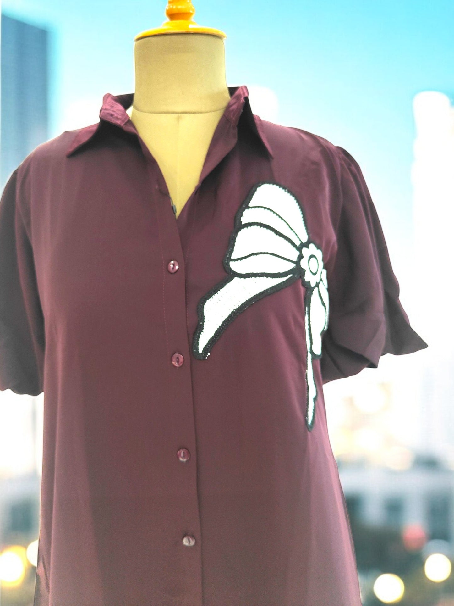 Lia Satin Shirt cum dress - Wine Color