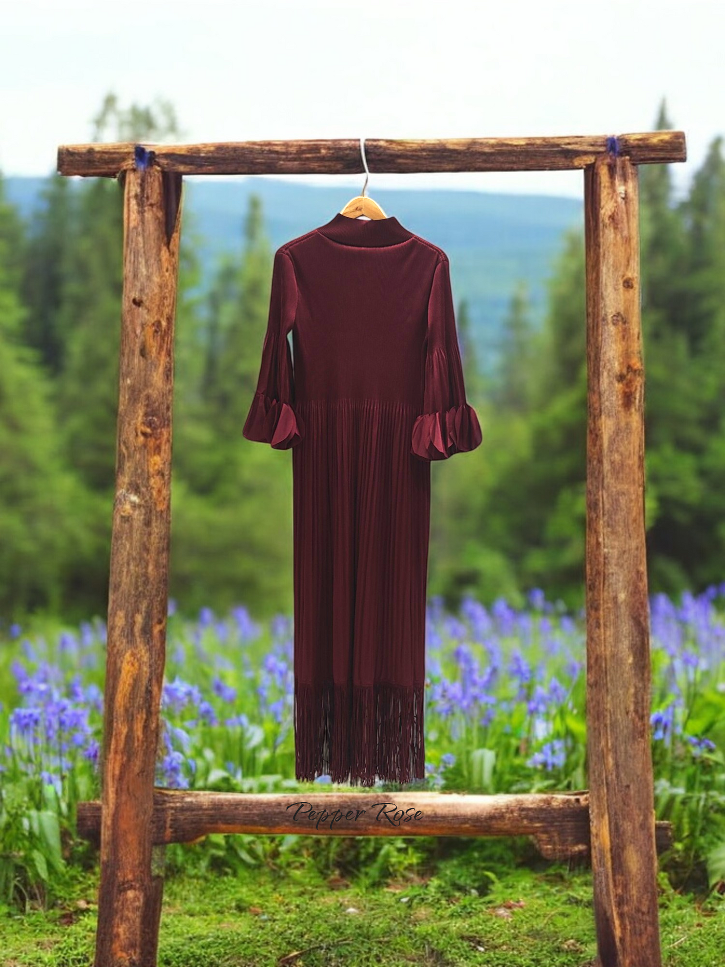 Miyake pleated Fringed Maxi Dress - Chestnut color
